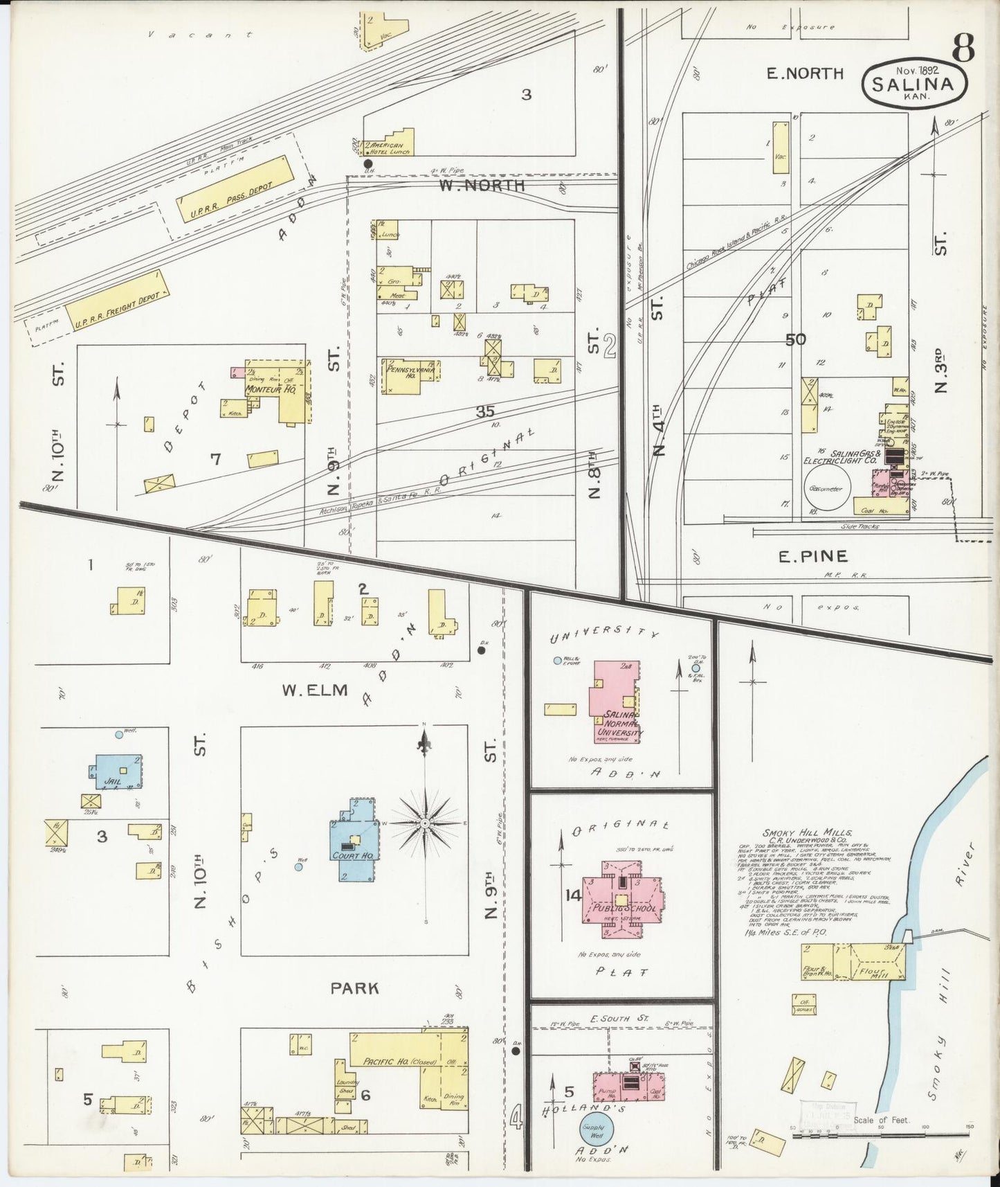 Sanborn Fire Insurance Map from Salina, Saline County, Kansas (1892), Sheet #0008 - Historic Sanborn Fire Insurance Map Print, vintage old map wall art, antique decor, genealogy gift, Kansas Kansas map