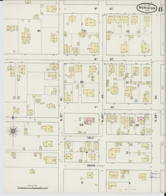 Sanborn Fire Insurance Map from Meridian, Lauderdale County, Mississippi (1889), Sheet #0008 - Historic Sanborn Fire Insurance Map Print, vintage old map wall art, antique decor, genealogy gift, Mississippi Mississippi map