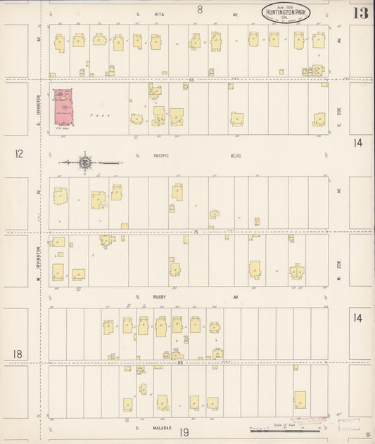Sanborn Fire Insurance Map from Huntington Park, Los Angeles County, California (1916), Sheet #0013 - Historic Sanborn Fire Insurance Map Print, vintage old map wall art, antique decor, genealogy gift, California California map