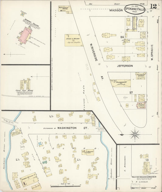 Sanborn Fire Insurance Map from Spokane, Spokane County, Washington (1890), Sheet #0012 - Historic Sanborn Fire Insurance Map Print, vintage old map wall art, antique decor, genealogy gift, Washington Washington map