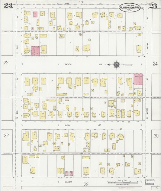 Sanborn Fire Insurance Map from Huntington Park, Los Angeles County, California (1924), Sheet #0023 - Historic Sanborn Fire Insurance Map Print, vintage old map wall art, antique decor, genealogy gift, California California map