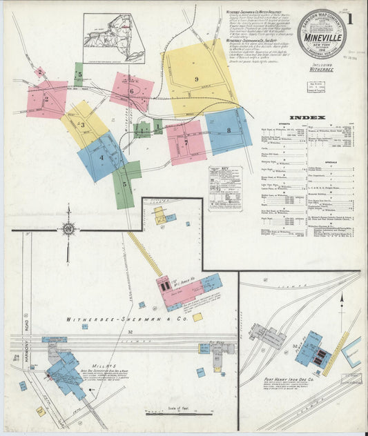 Sanborn Fire Insurance Map from Mineville, Essex County, New York (1916), Sheet #0001 - Historic Sanborn Fire Insurance Map Print, vintage old map wall art, antique decor, genealogy gift, New York New York map