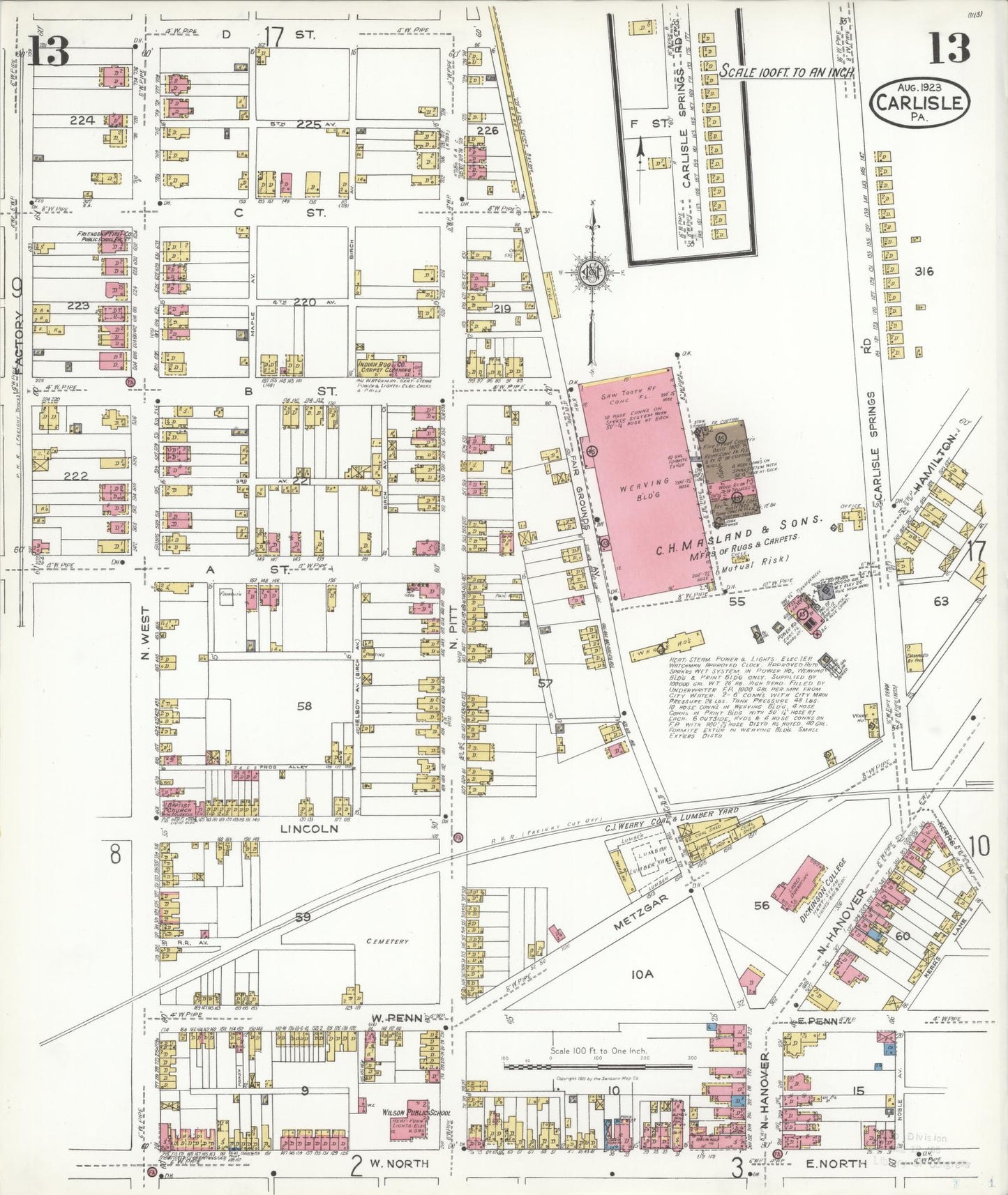 Sanborn Fire Insurance Map from Carlisle, Cumberland County, Pennsylvania (1923), Sheet #0013 - Historic Sanborn Fire Insurance Map Print, vintage old map wall art, antique decor, genealogy gift, Pennsylvania Pennsylvania map