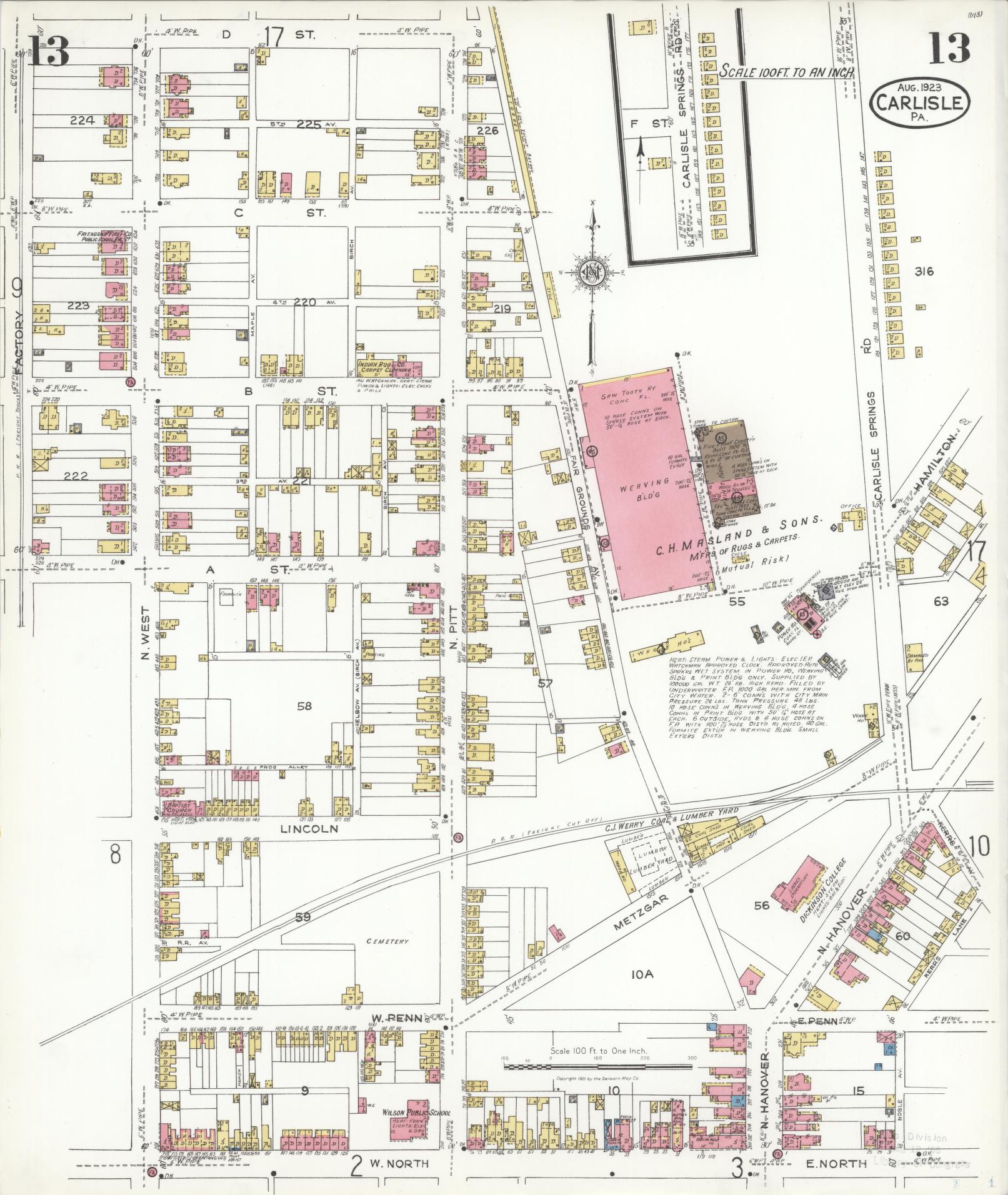 Sanborn Fire Insurance Map from Carlisle, Cumberland County, Pennsylvania (1923), Sheet #0013 - Historic Sanborn Fire Insurance Map Print, vintage old map wall art, antique decor, genealogy gift, Pennsylvania Pennsylvania map