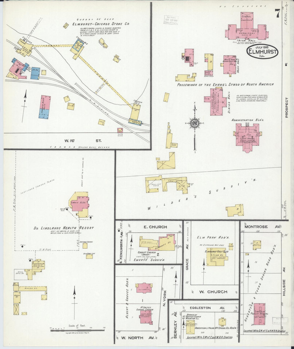 Sanborn Fire Insurance Map from Elmhurst, Du Page County, Illinois (1918), Sheet #0007 - Historic Sanborn Fire Insurance Map Print, vintage old map wall art, antique decor, genealogy gift, Illinois Illinois map