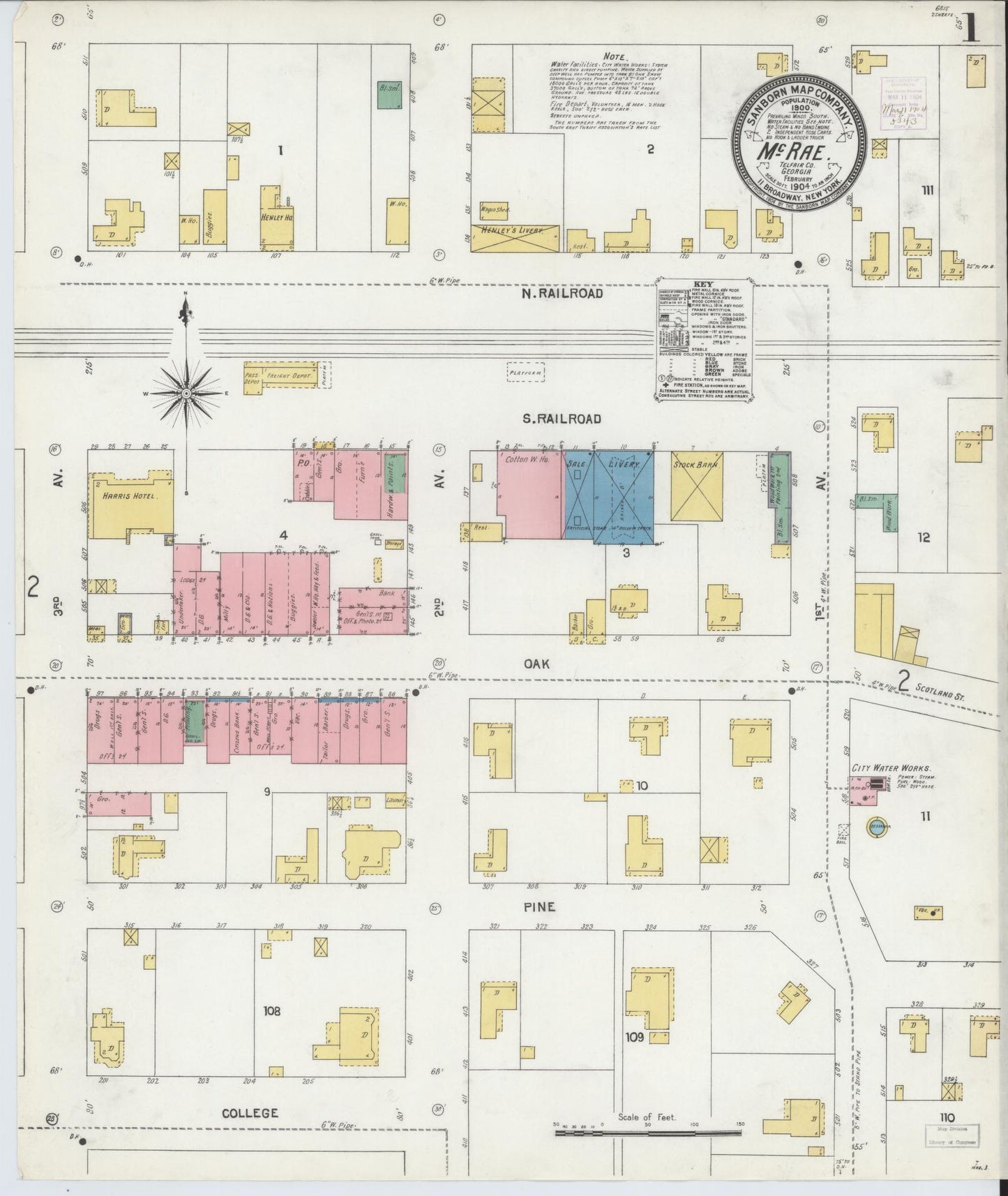 Sanborn Fire Insurance Map from Mcrae, Telfair County, Georgia (1904), Sheet #0001 - Complete Map Set gallery image, historic Sanborn map, vintage wall art, Georgia Georgia