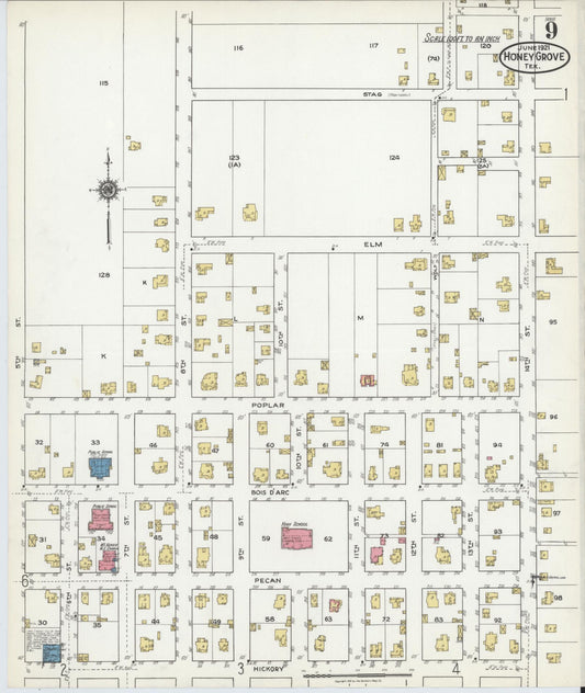 Sanborn Fire Insurance Map from Honey Grove, Fannin County, Texas (1921), Sheet #0009 - Historic Sanborn Fire Insurance Map Print, vintage old map wall art, antique decor, genealogy gift, Texas Texas map