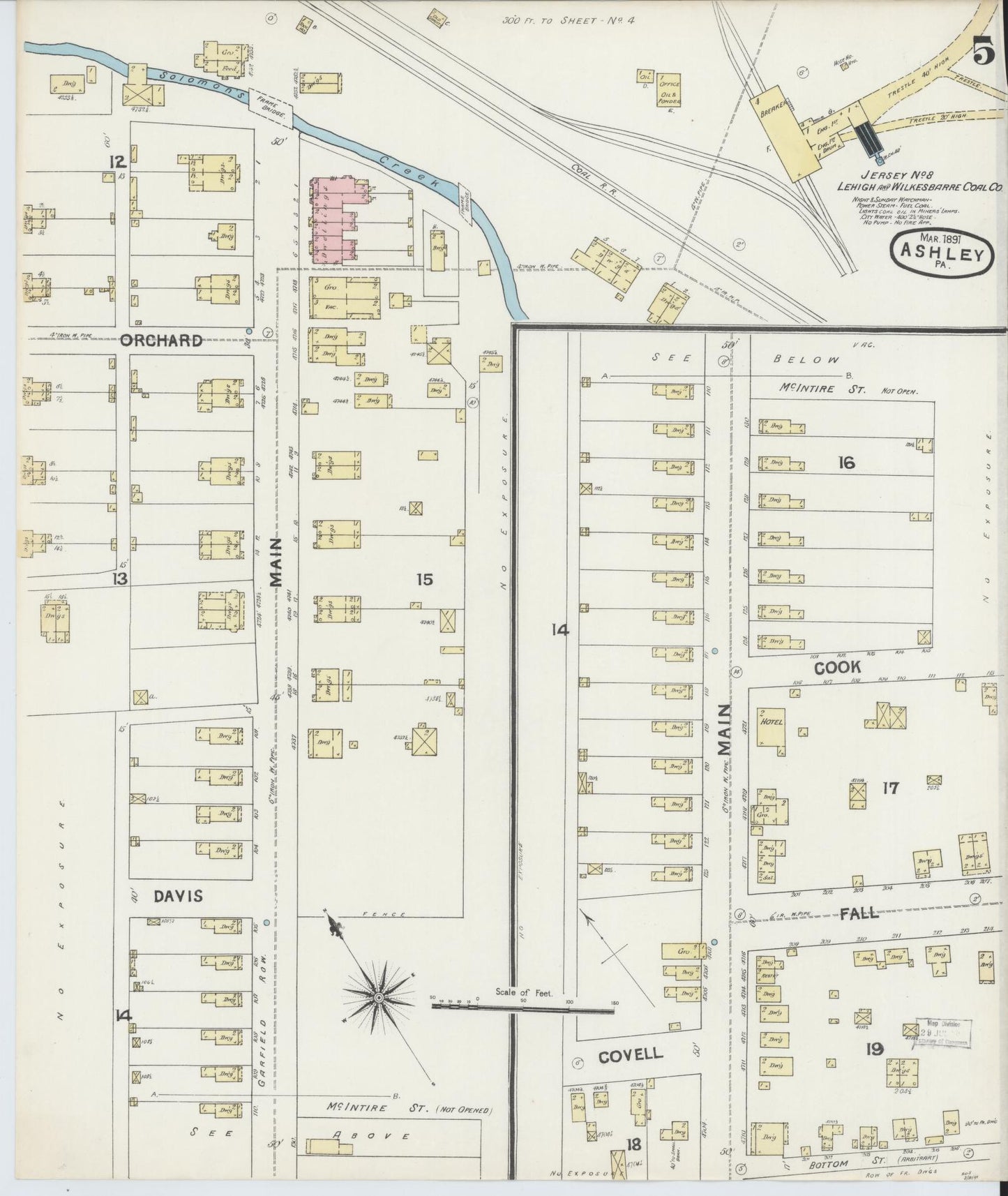 Sanborn Fire Insurance Map from Ashley, Luzerne County, Pennsylvania (1891), Sheet #0005 - Historic Sanborn Fire Insurance Map Print, vintage old map wall art, antique decor, genealogy gift, Pennsylvania Pennsylvania map