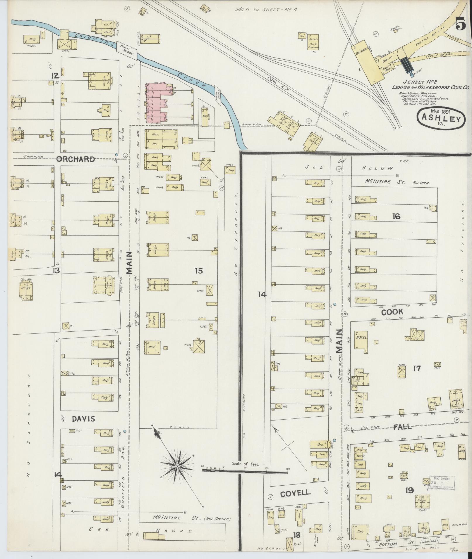 Sanborn Fire Insurance Map from Ashley, Luzerne County, Pennsylvania (1891), Sheet #0005 - Historic Sanborn Fire Insurance Map Print, vintage old map wall art, antique decor, genealogy gift, Pennsylvania Pennsylvania map