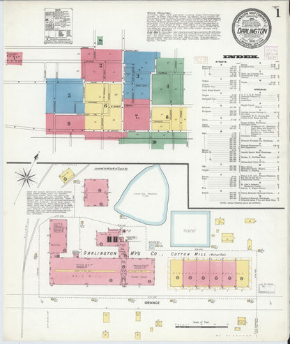 Sanborn Fire Insurance Map from Darlington, Darlington County, South Carolina (1908), Sheet #0001 - Complete Map Set gallery image, historic Sanborn map, vintage wall art, South Carolina South Carolina