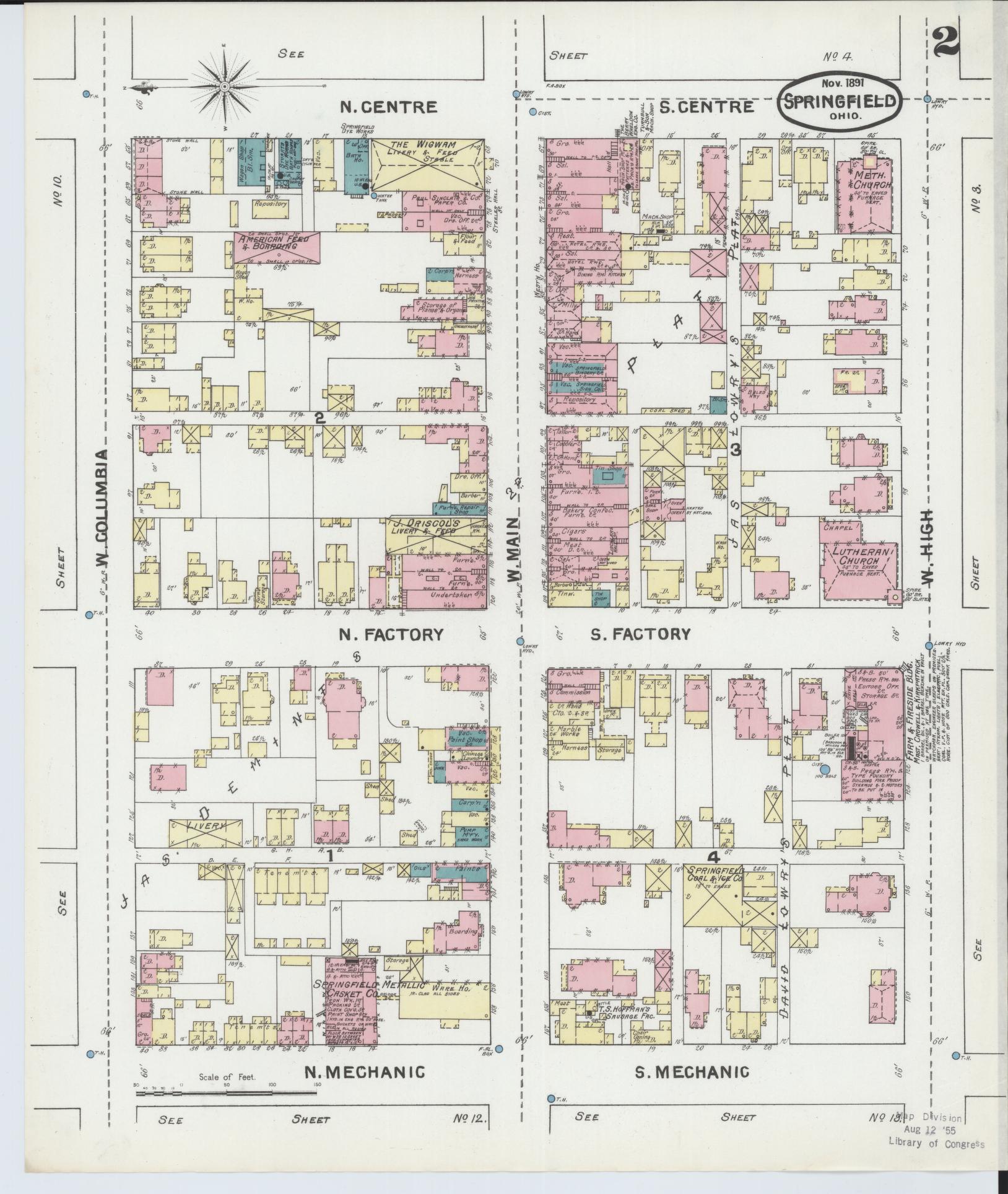 Sanborn Fire Insurance Map from Springfield, Clark County, Ohio (1891), Sheet #0002 - Complete Map Set gallery image, historic Sanborn map, vintage wall art, Ohio Ohio