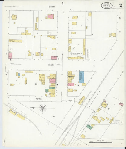Sanborn Fire Insurance Map from Price, Carbon County, Utah (1908), Sheet #0002 - Complete Map Set gallery image, historic Sanborn map, vintage wall art, Utah Utah
