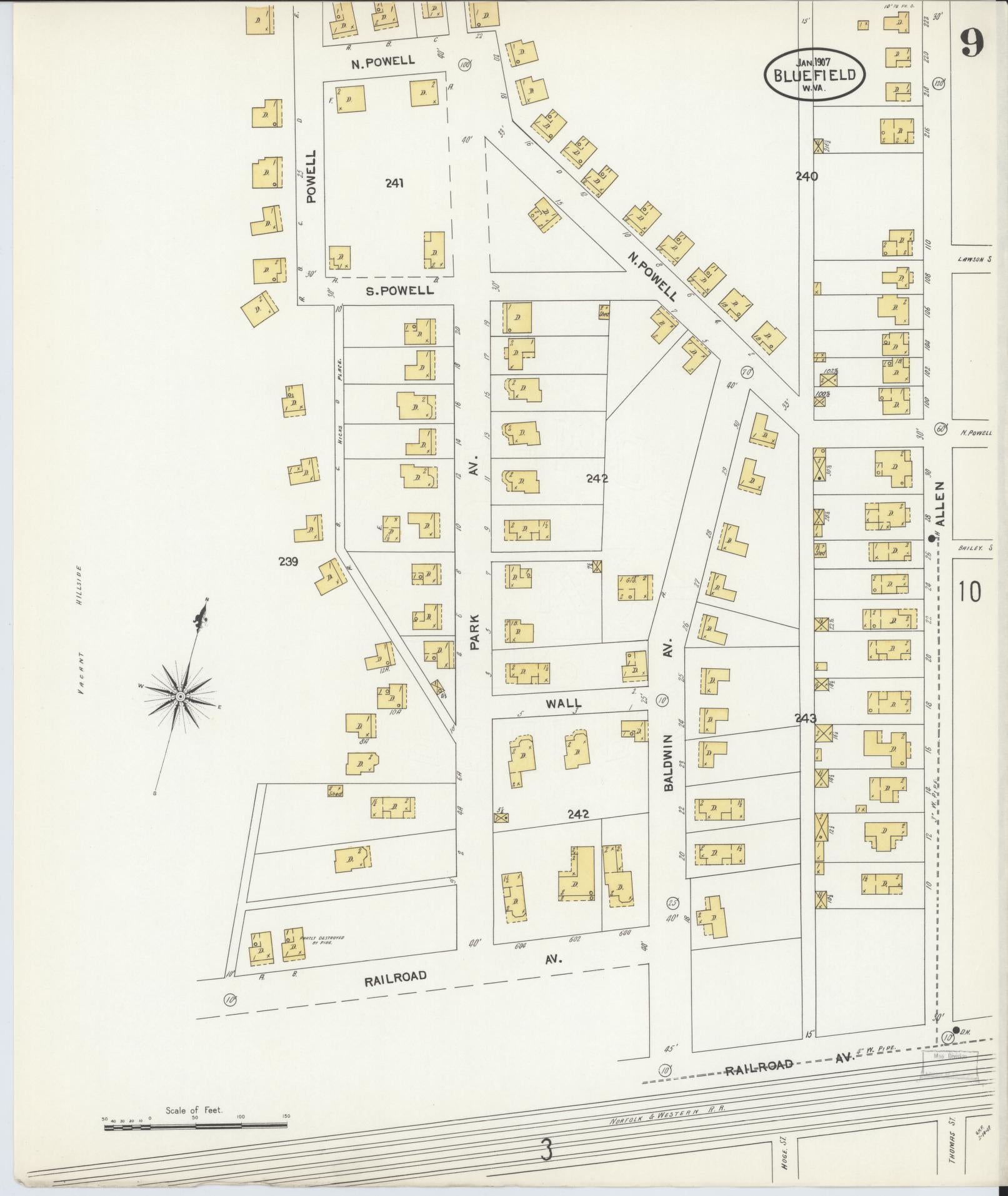 Sanborn Fire Insurance Map from Bluefield, Mercer County, West Virginia (1907), Sheet #0009 - Complete Map Set gallery image, historic Sanborn map, vintage wall art, West Virginia West Virginia