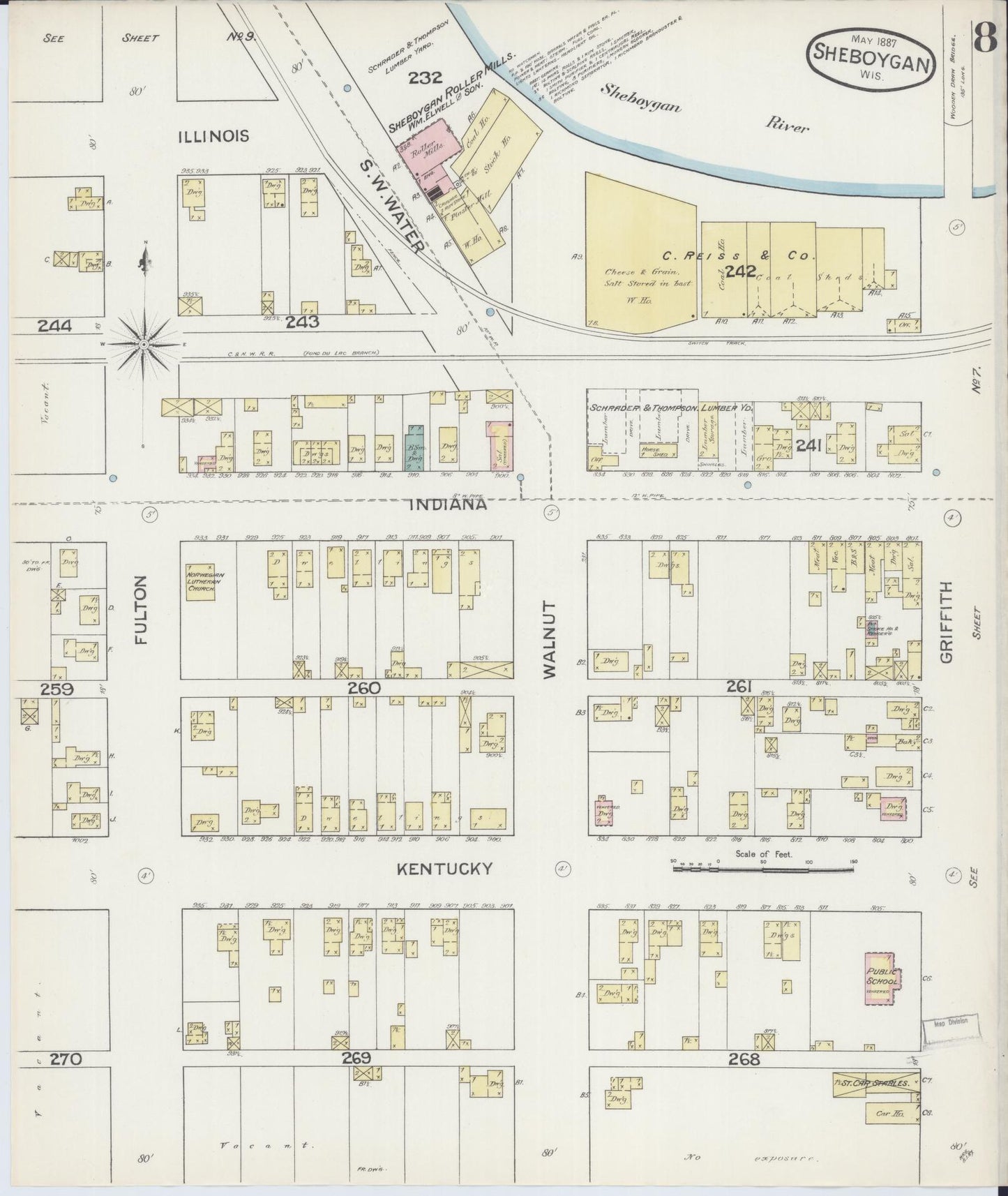 Sanborn Fire Insurance Map from Sheboygan, Sheboygan County, Wisconsin (1887), Sheet #0008 - Historic Sanborn Fire Insurance Map Print, vintage old map wall art, antique decor, genealogy gift, Wisconsin Wisconsin map