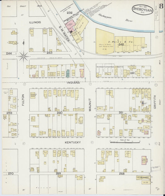 Sanborn Fire Insurance Map from Sheboygan, Sheboygan County, Wisconsin (1887), Sheet #0008 - Historic Sanborn Fire Insurance Map Print, vintage old map wall art, antique decor, genealogy gift, Wisconsin Wisconsin map