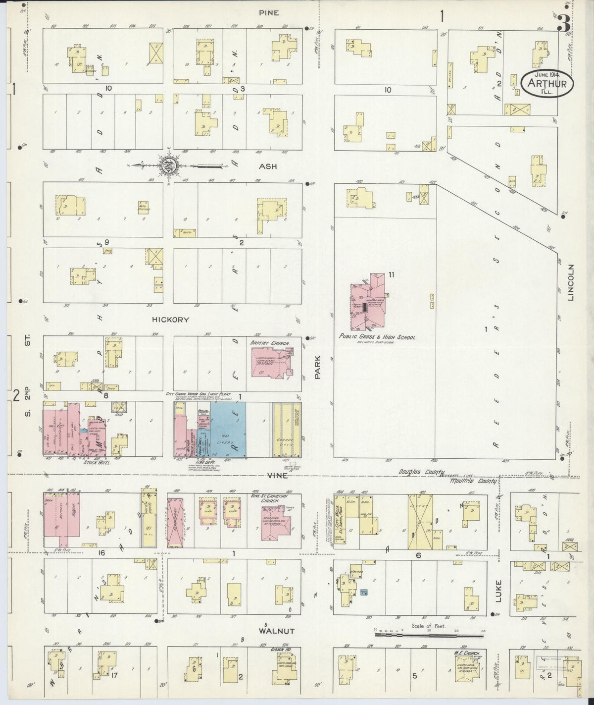 Sanborn Fire Insurance Map from Arthur, Moultrie And Douglas Counties, Illinois (1914), Sheet #0003 - Historic Sanborn Fire Insurance Map Print, vintage old map wall art, antique decor, genealogy gift, Illinois Illinois map