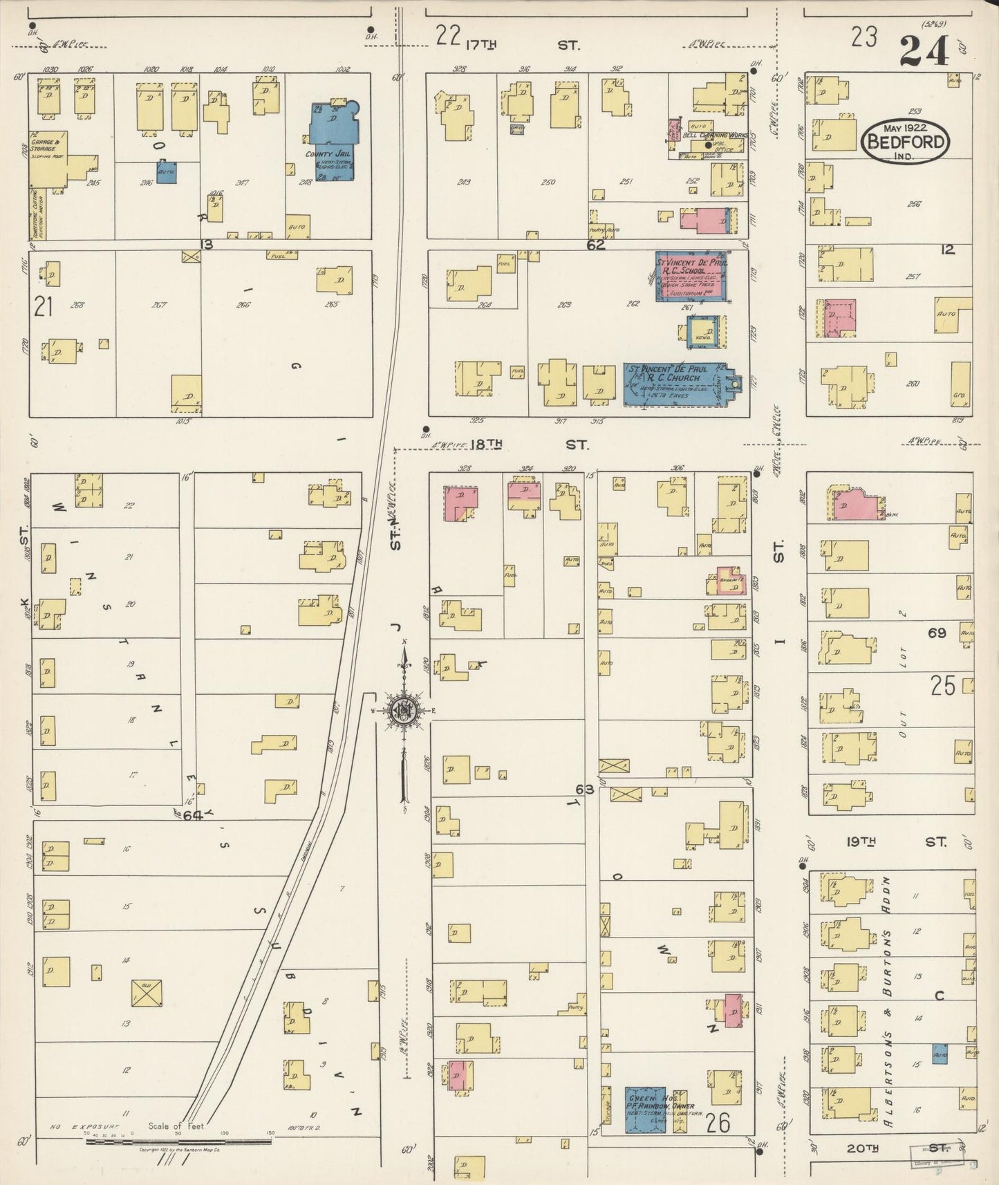 Sanborn Fire Insurance Map from Bedford, Lawrence County, Indiana (1922), Sheet #0024 - Complete Map Set gallery image, historic Sanborn map, vintage wall art, Indiana Indiana