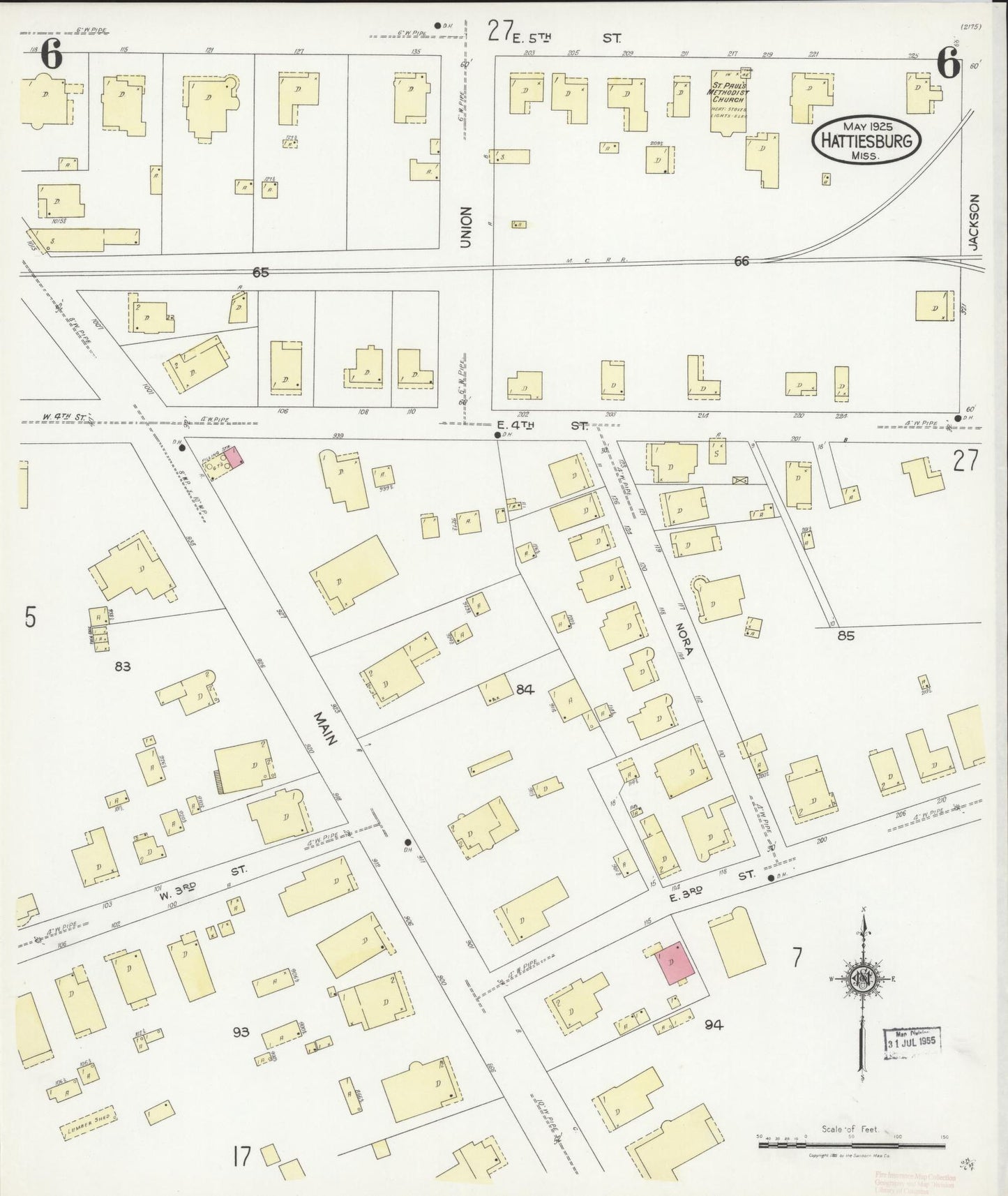 Sanborn Fire Insurance Map from Hattiesburg, Forrest County, Mississippi (1925), Sheet #0006 - Complete Map Set gallery image, historic Sanborn map, vintage wall art, Mississippi Mississippi