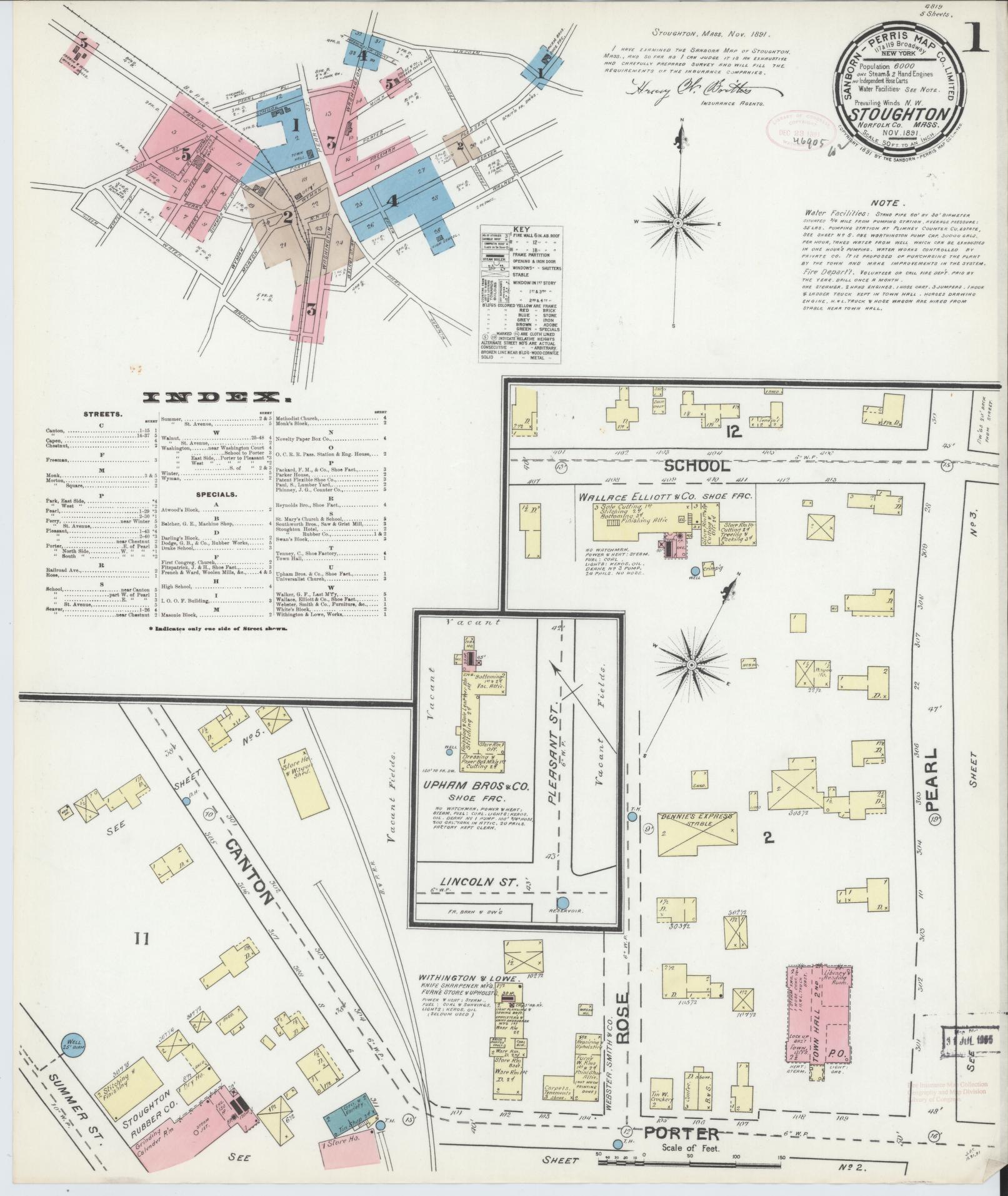 Sanborn Fire Insurance Map from Stoughton, Norfolk County, Massachusetts (1891), Sheet #0001 - Historic Sanborn Fire Insurance Map Print, vintage old map wall art, antique decor, genealogy gift, Massachusetts Massachusetts map