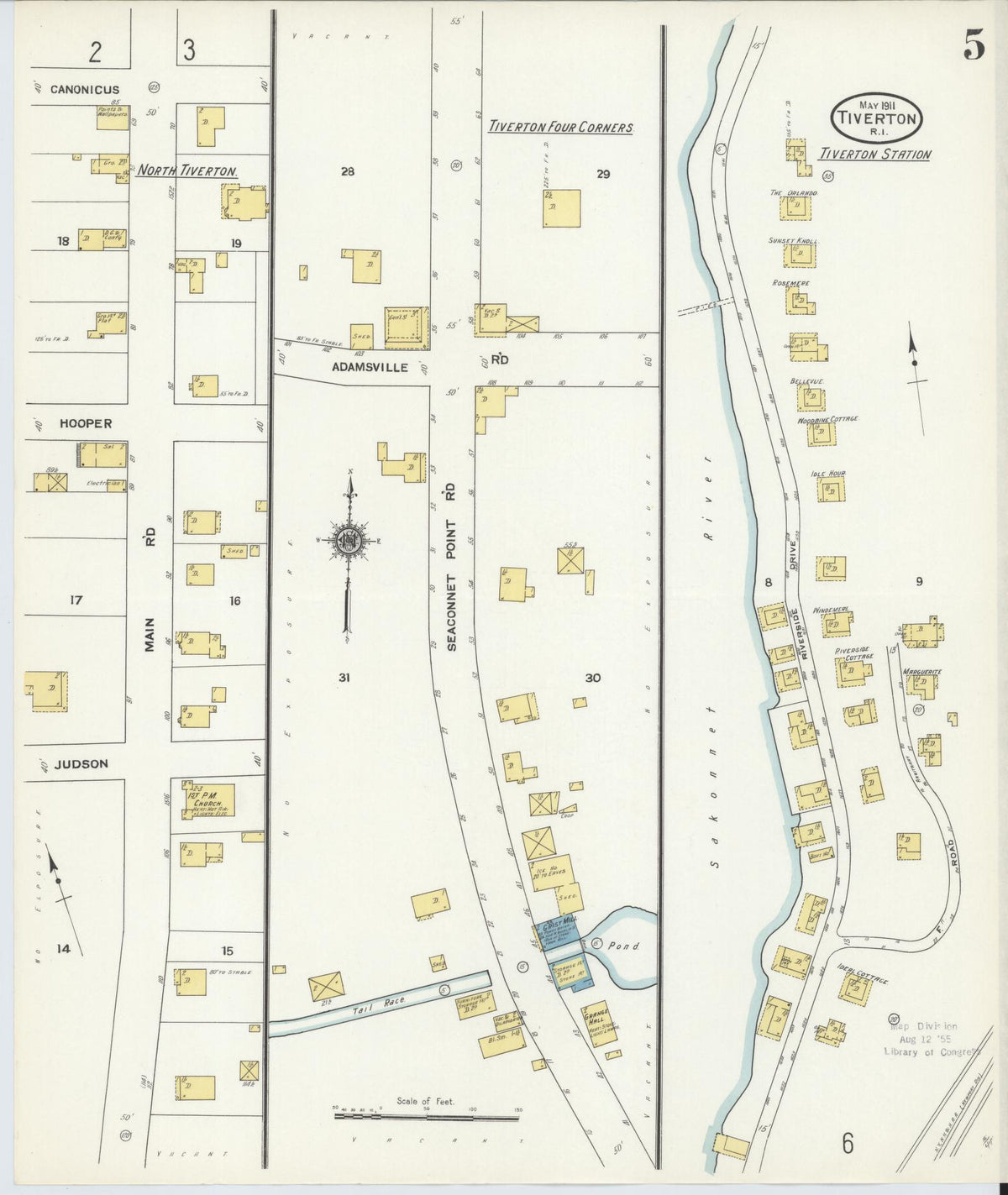 Sanborn Fire Insurance Map from Tiverton, Newport County, Rhode Island (1911), Sheet #0005 - Historic Sanborn Fire Insurance Map Print, vintage old map wall art, antique decor, genealogy gift, Rhode Island Rhode Island map