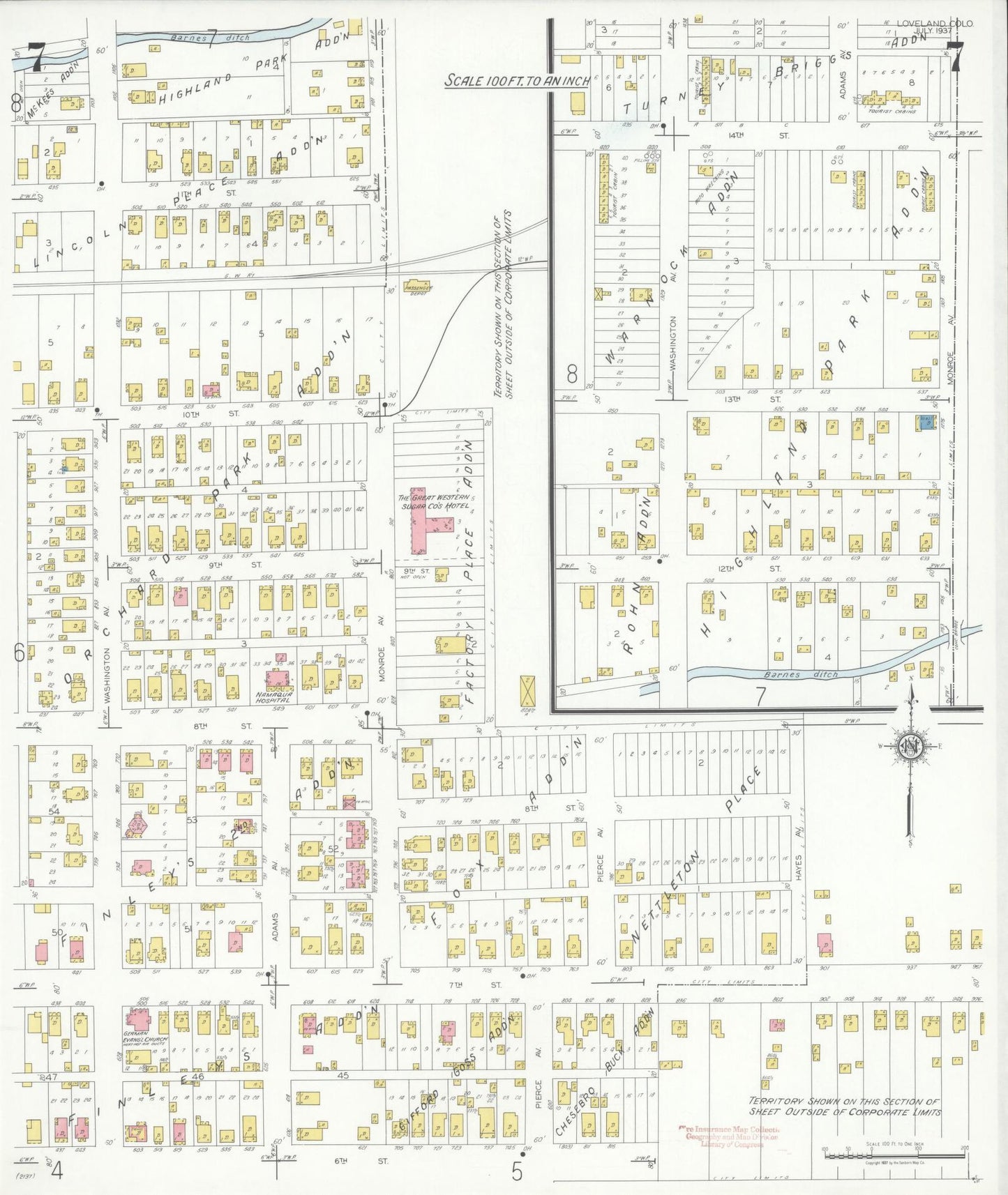Sanborn Fire Insurance Map from Loveland, Larimer County, Colorado (1937), Sheet #0007 - Historic Sanborn Fire Insurance Map Print, vintage old map wall art, antique decor, genealogy gift, Colorado Colorado map