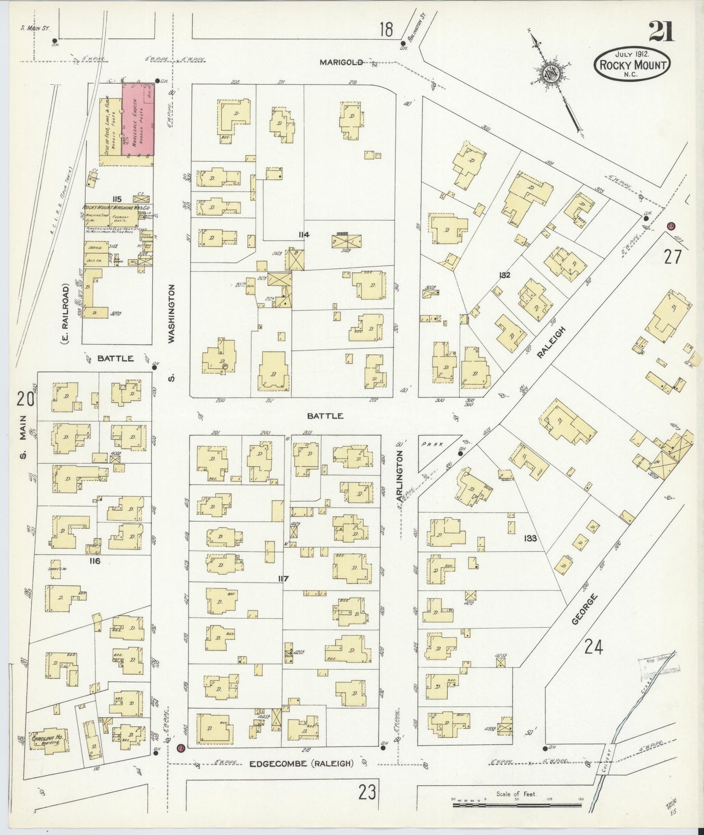 Sanborn Fire Insurance Map from Rocky Mount, Edgecombe And Nash Counties, North Carolina (1912), Sheet #0021 - Complete Map Set gallery image, historic Sanborn map, vintage wall art, North Carolina North Carolina