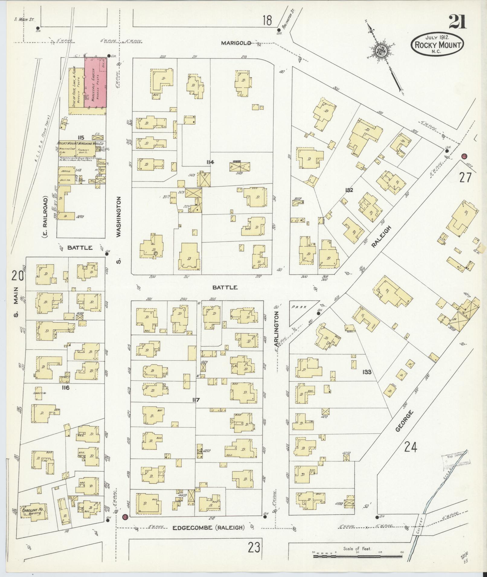 Sanborn Fire Insurance Map from Rocky Mount, Edgecombe And Nash Counties, North Carolina (1912), Sheet #0021 - Complete Map Set gallery image, historic Sanborn map, vintage wall art, North Carolina North Carolina