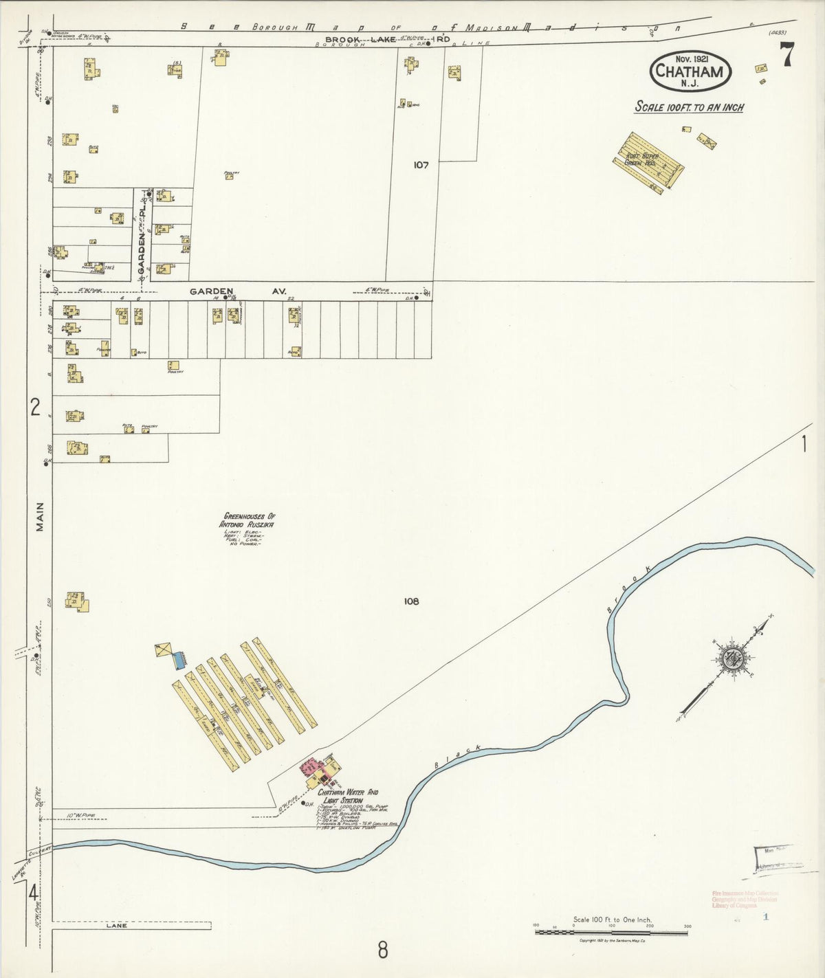 Sanborn Fire Insurance Map from Chatham, Morris County, New Jersey (1921), Sheet #0007 - Historic Sanborn Fire Insurance Map Print, vintage old map wall art, antique decor, genealogy gift, New Jersey New Jersey map