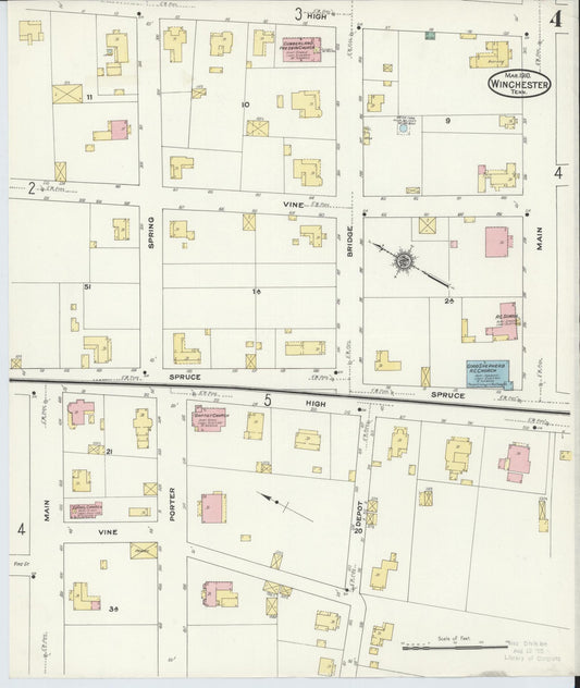 Sanborn Fire Insurance Map from Winchester, Franklin County, Tennessee (1910), Sheet #0004 - Historic Sanborn Fire Insurance Map Print, vintage old map wall art, antique decor, genealogy gift, Tennessee Tennessee map