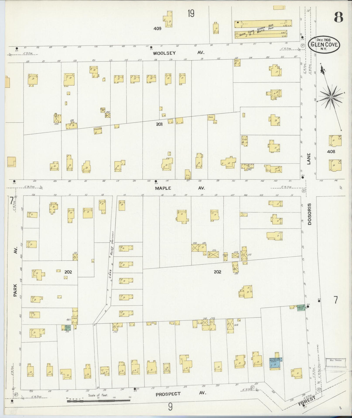 Sanborn Fire Insurance Map from Glen Cove, Nassau County, New York (1908), Sheet #0008 - Historic Sanborn Fire Insurance Map Print, vintage old map wall art, antique decor, genealogy gift, New York New York map