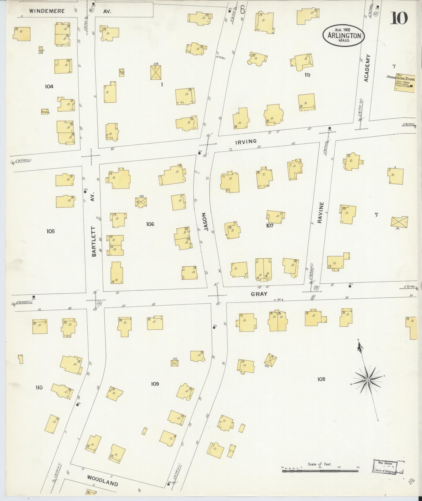 Sanborn Fire Insurance Map from Arlington, Middlesex County, Massachusetts (1908), Sheet #0010 - Historic Sanborn Fire Insurance Map Print, vintage old map wall art, antique decor, genealogy gift, Massachusetts Massachusetts map