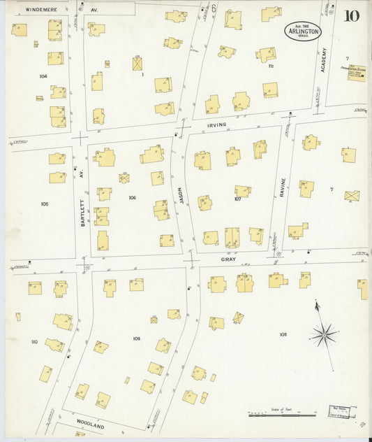 Sanborn Fire Insurance Map from Arlington, Middlesex County, Massachusetts (1908), Sheet #0010 - Historic Sanborn Fire Insurance Map Print, vintage old map wall art, antique decor, genealogy gift, Massachusetts Massachusetts map