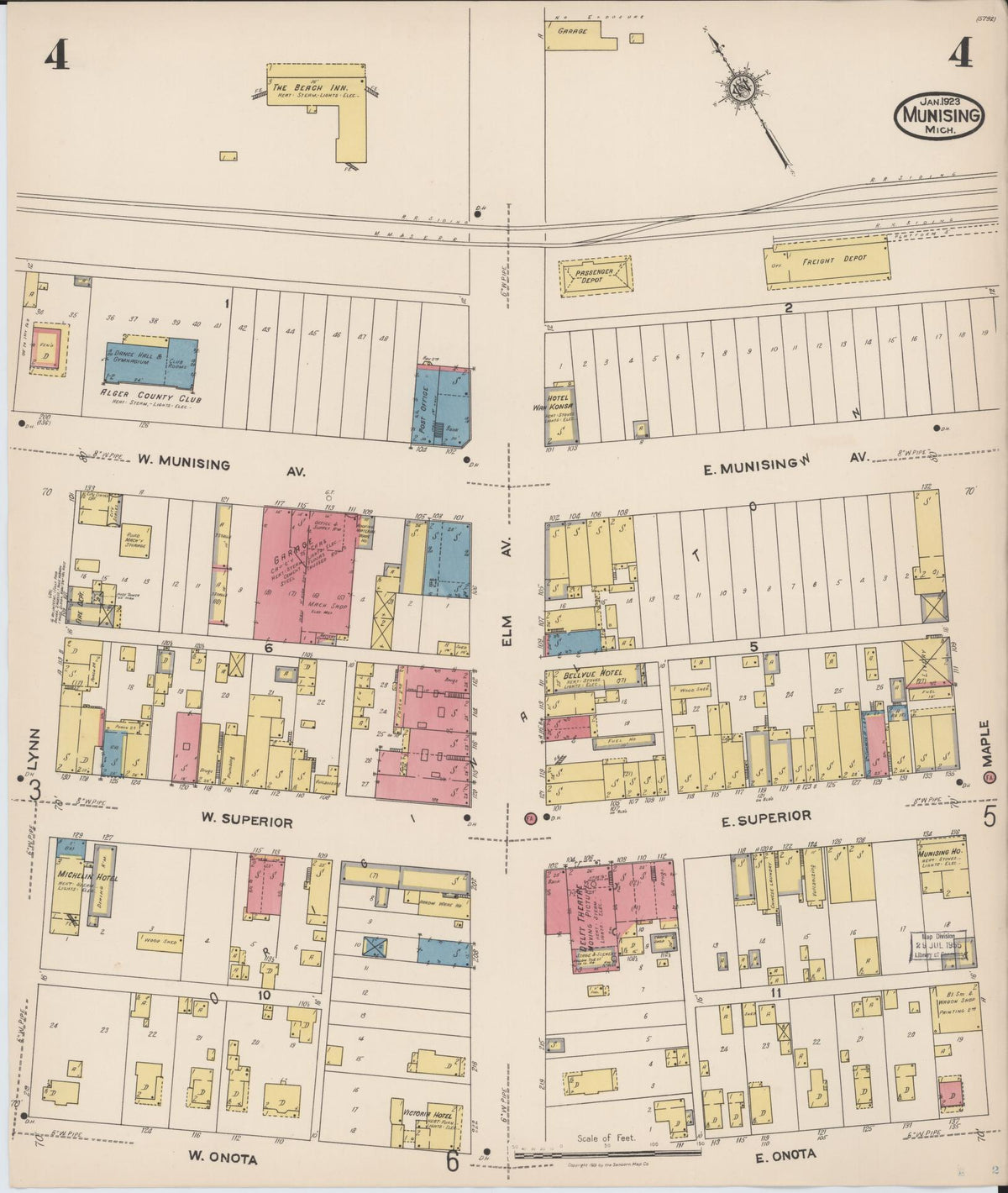 Sanborn Fire Insurance Map from Munising, Alger County, Michigan (1923), Sheet #0004 - Historic Sanborn Fire Insurance Map Print, vintage old map wall art, antique decor, genealogy gift, Michigan Michigan map