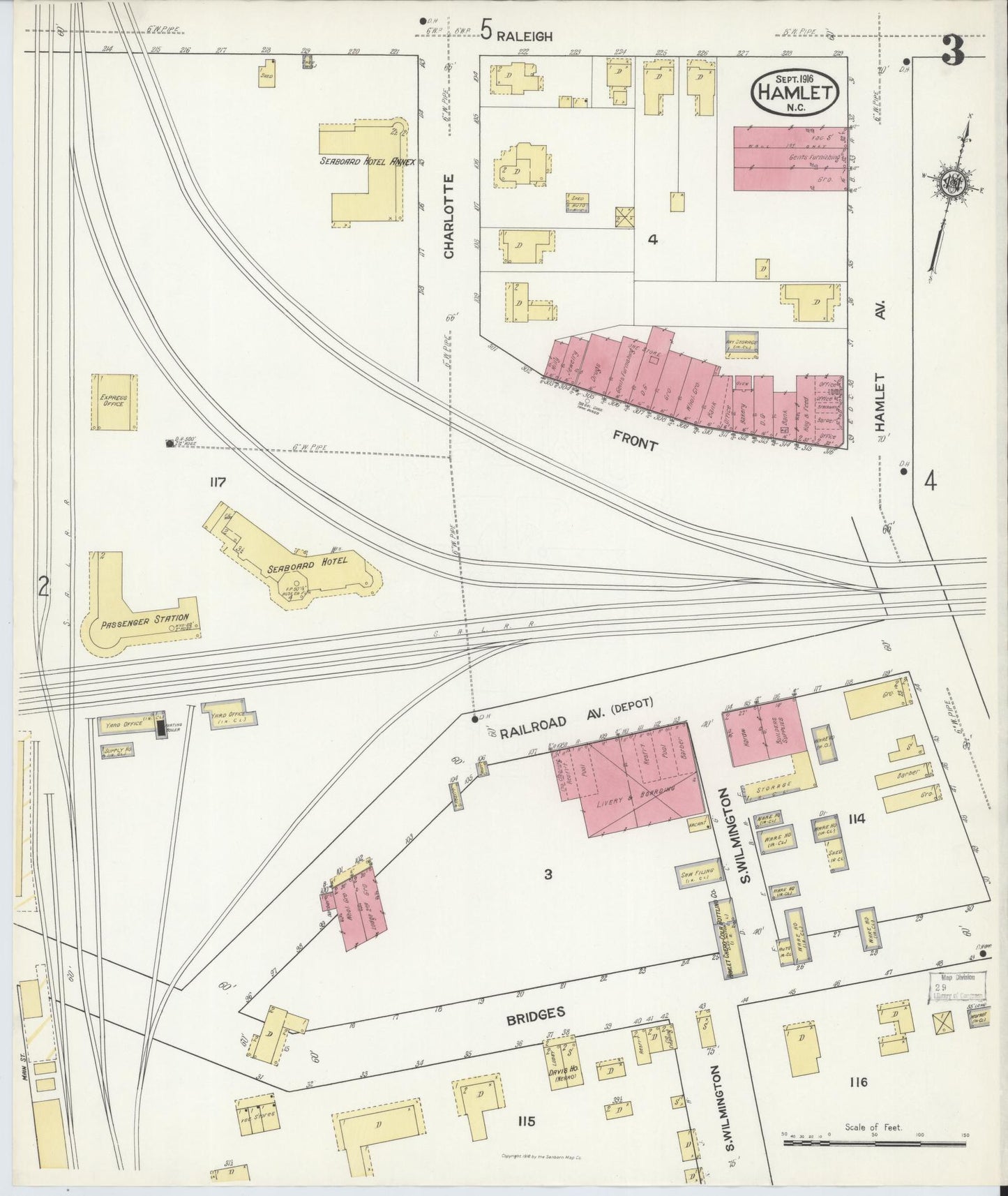 Sanborn Fire Insurance Map from Hamlet, Richmond County, North Carolina (1916), Sheet #0003 - Complete Map Set gallery image, historic Sanborn map, vintage wall art, North Carolina North Carolina