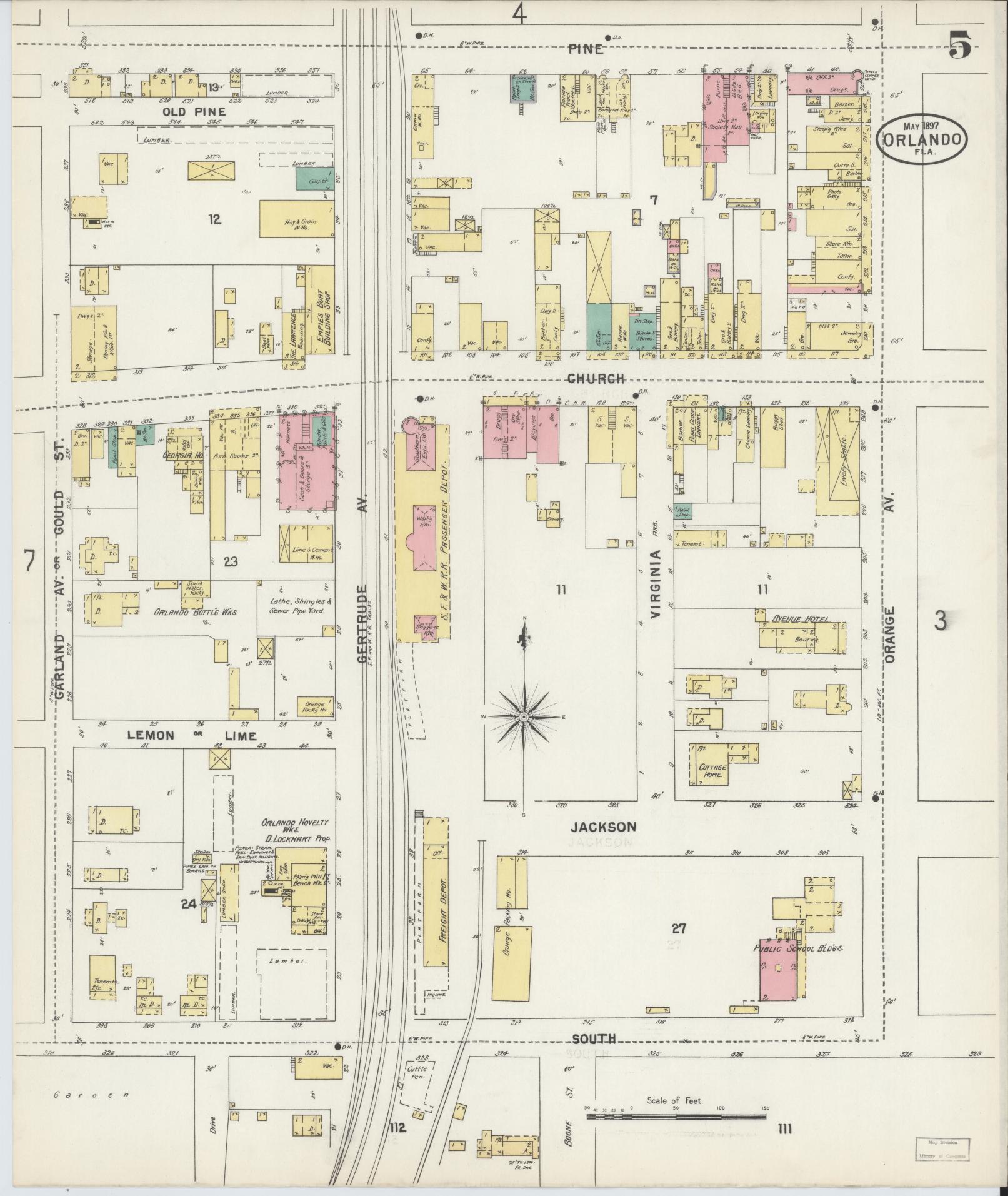 Sanborn Fire Insurance Map from Orlando, Orange County, Florida (1897), Sheet #0005 - Historic Sanborn Fire Insurance Map Print, vintage old map wall art, antique decor, genealogy gift, Florida Florida map