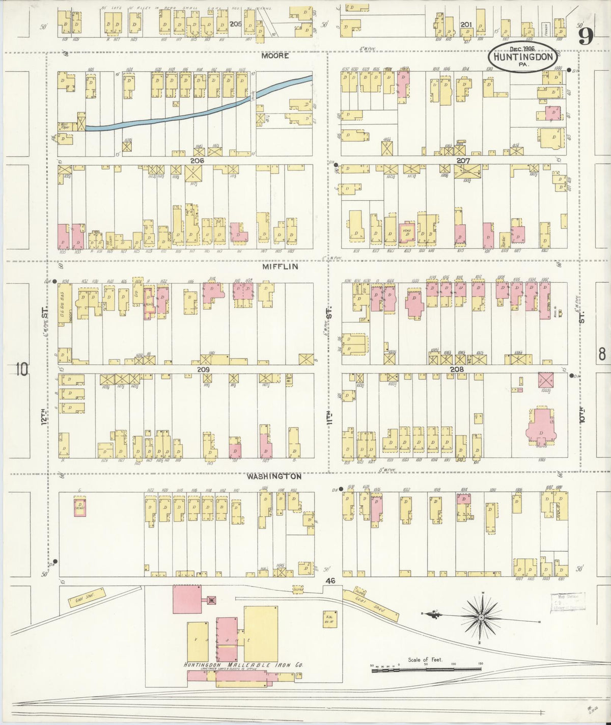 Sanborn Fire Insurance Map from Huntingdon, Huntingdon County, Pennsylvania (1906), Sheet #0009 - Historic Sanborn Fire Insurance Map Print, vintage old map wall art, antique decor, genealogy gift, Pennsylvania Pennsylvania map