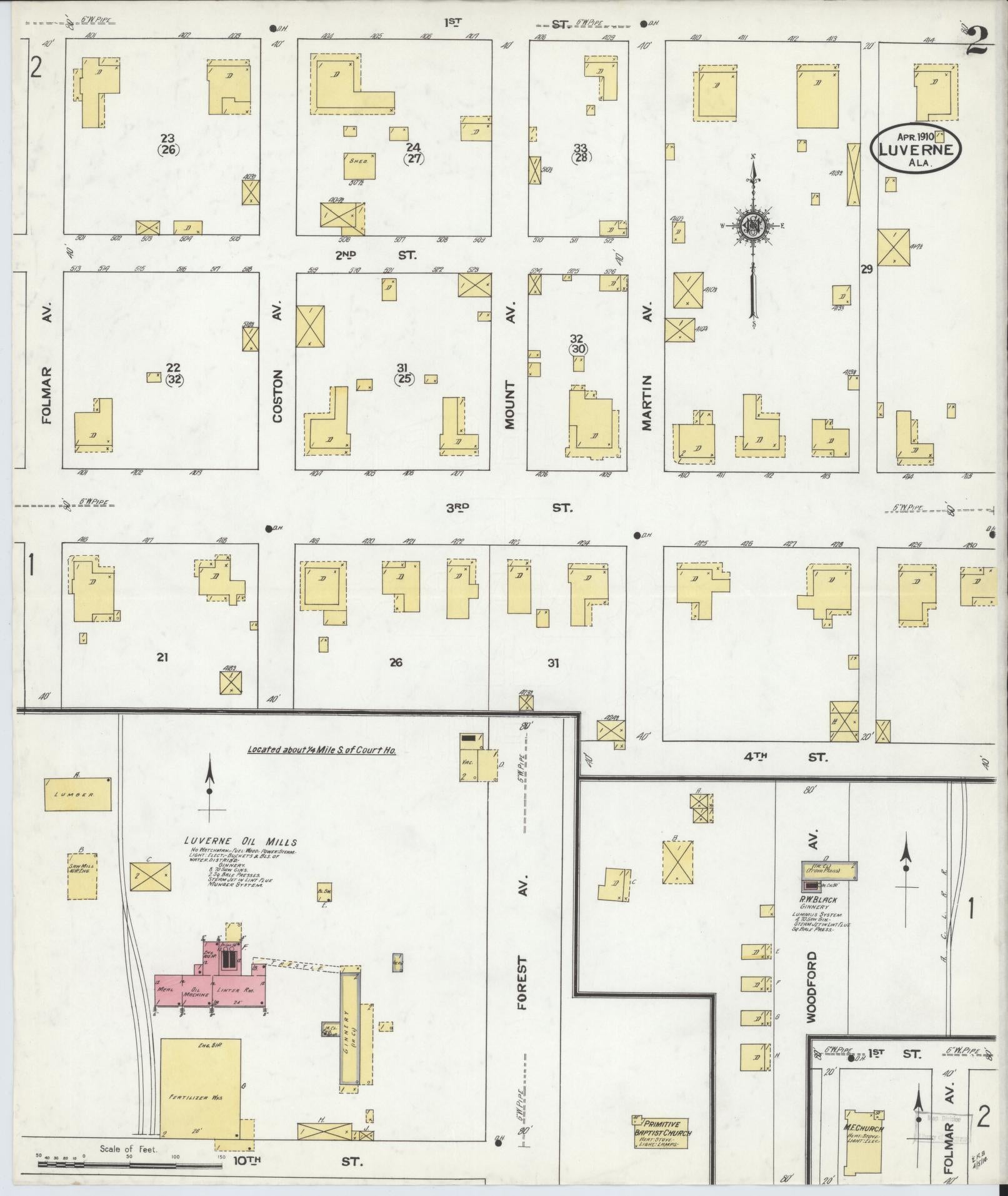 Sanborn Fire Insurance Map from Luverne, Crenshaw County, Alabama (1910), Sheet #0002 - Historic Sanborn Fire Insurance Map Print, vintage old map wall art, antique decor, genealogy gift, Alabama Alabama map