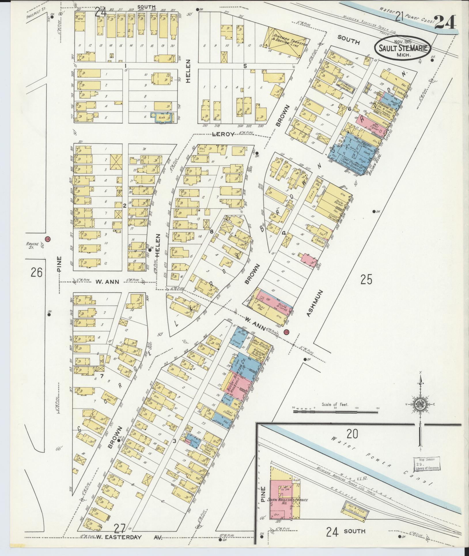 Sanborn Fire Insurance Map from Sault Sainte Marie, Chippewa County, Michigan (1915), Sheet #0024 - Complete Map Set gallery image, historic Sanborn map, vintage wall art, Michigan Michigan