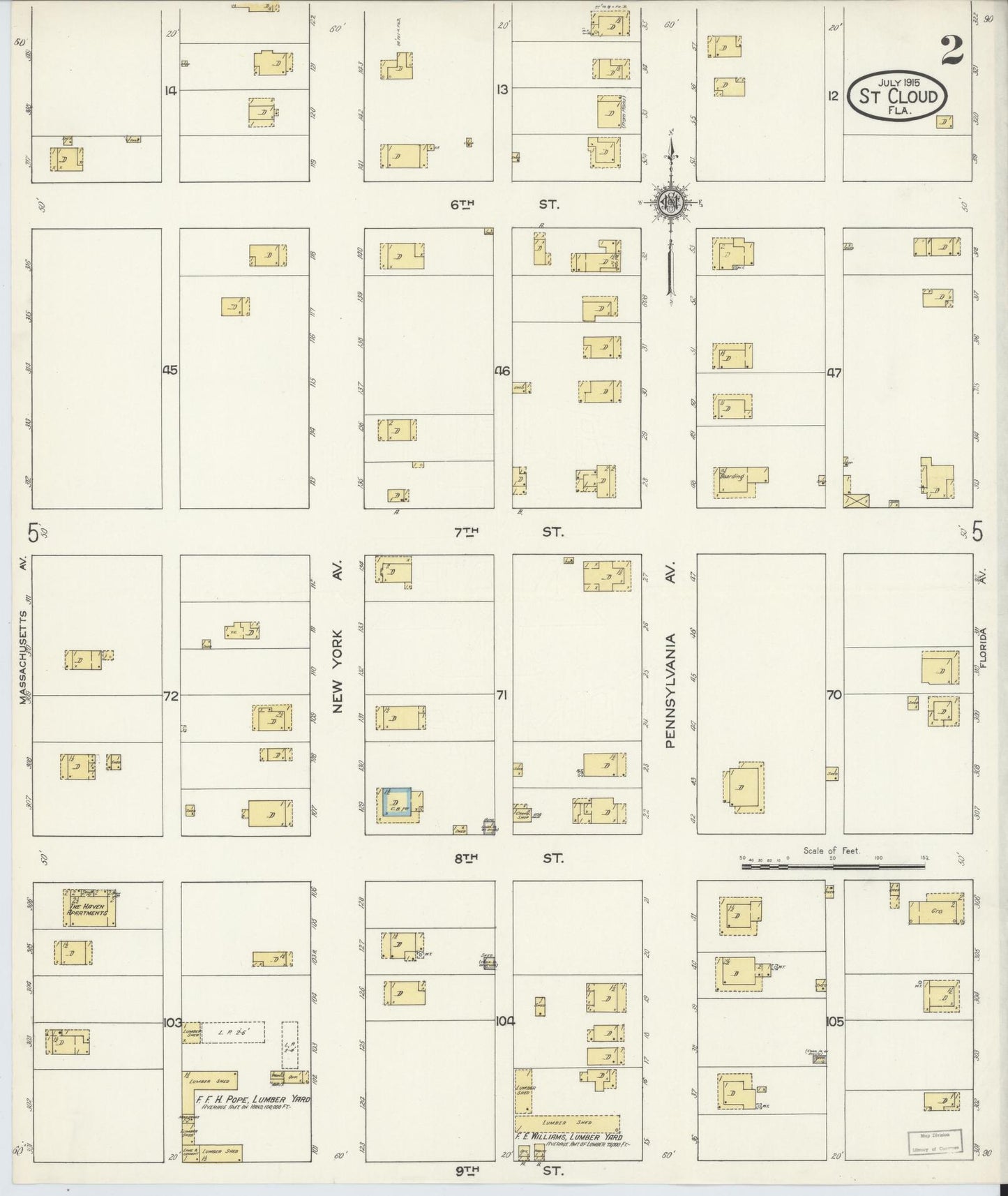 Sanborn Fire Insurance Map from Saint Cloud, Osceola County, Florida (1915), Sheet #0002 - Historic Sanborn Fire Insurance Map Print, vintage old map wall art, antique decor, genealogy gift, Florida Florida map