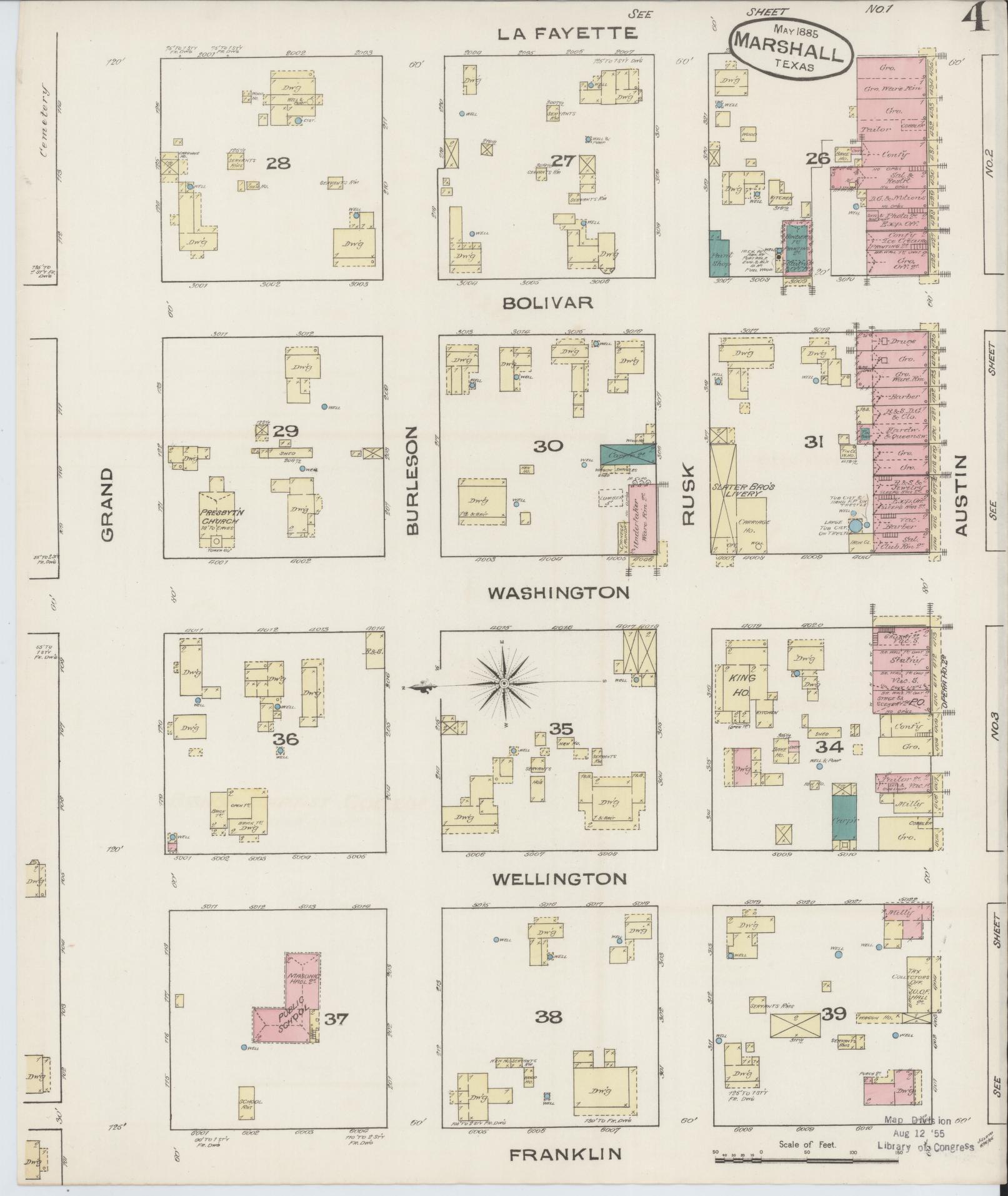 Sanborn Fire Insurance Map from Marshall, Harrison County, Texas (1885), Sheet #0004 - Historic Sanborn Fire Insurance Map Print, vintage old map wall art, antique decor, genealogy gift, Texas Texas map