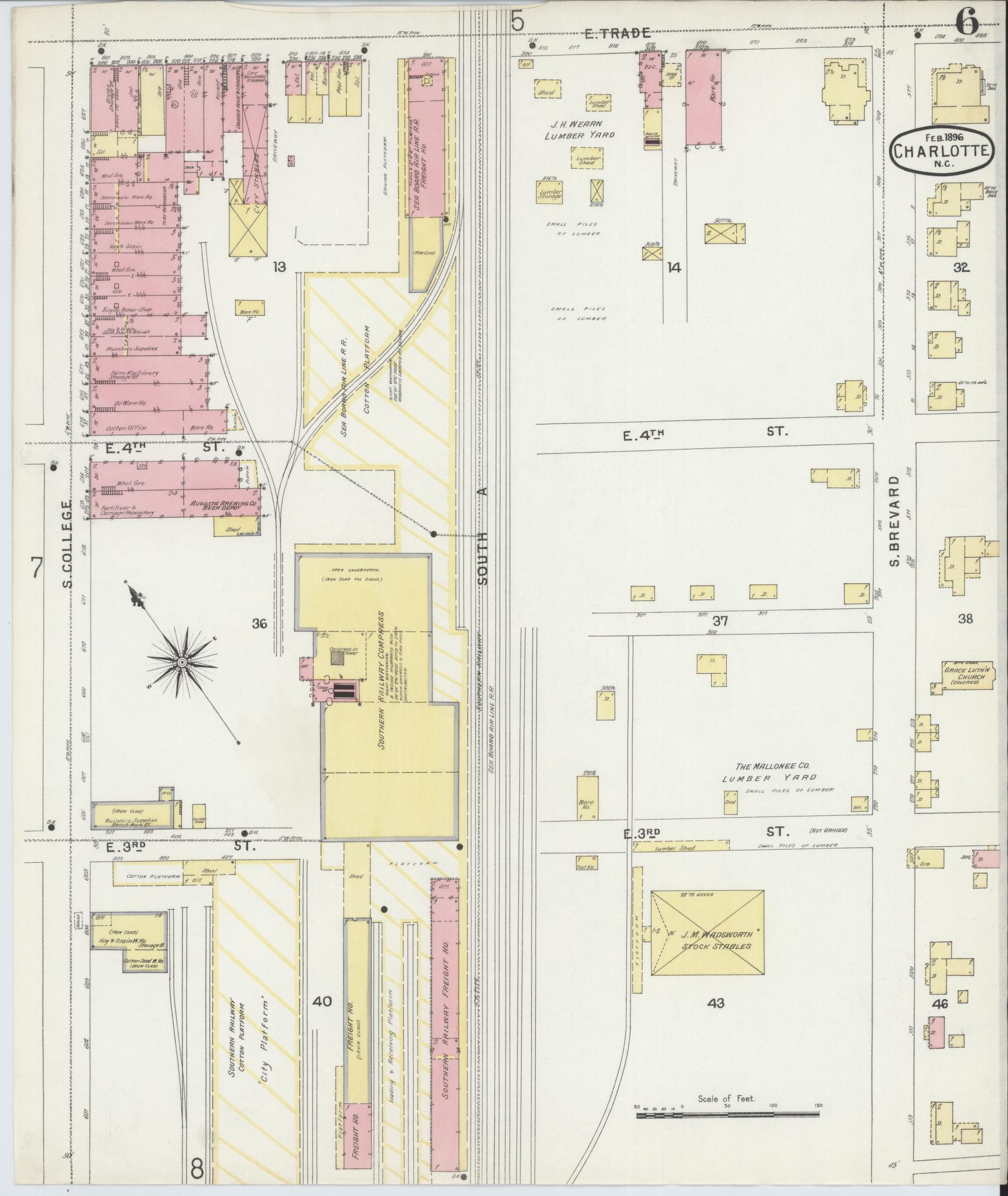 Sanborn Fire Insurance Map from Charlotte, Mecklenburg County, North Carolina (1896), Sheet #0006 - Complete Map Set gallery image, historic Sanborn map, vintage wall art, North Carolina North Carolina