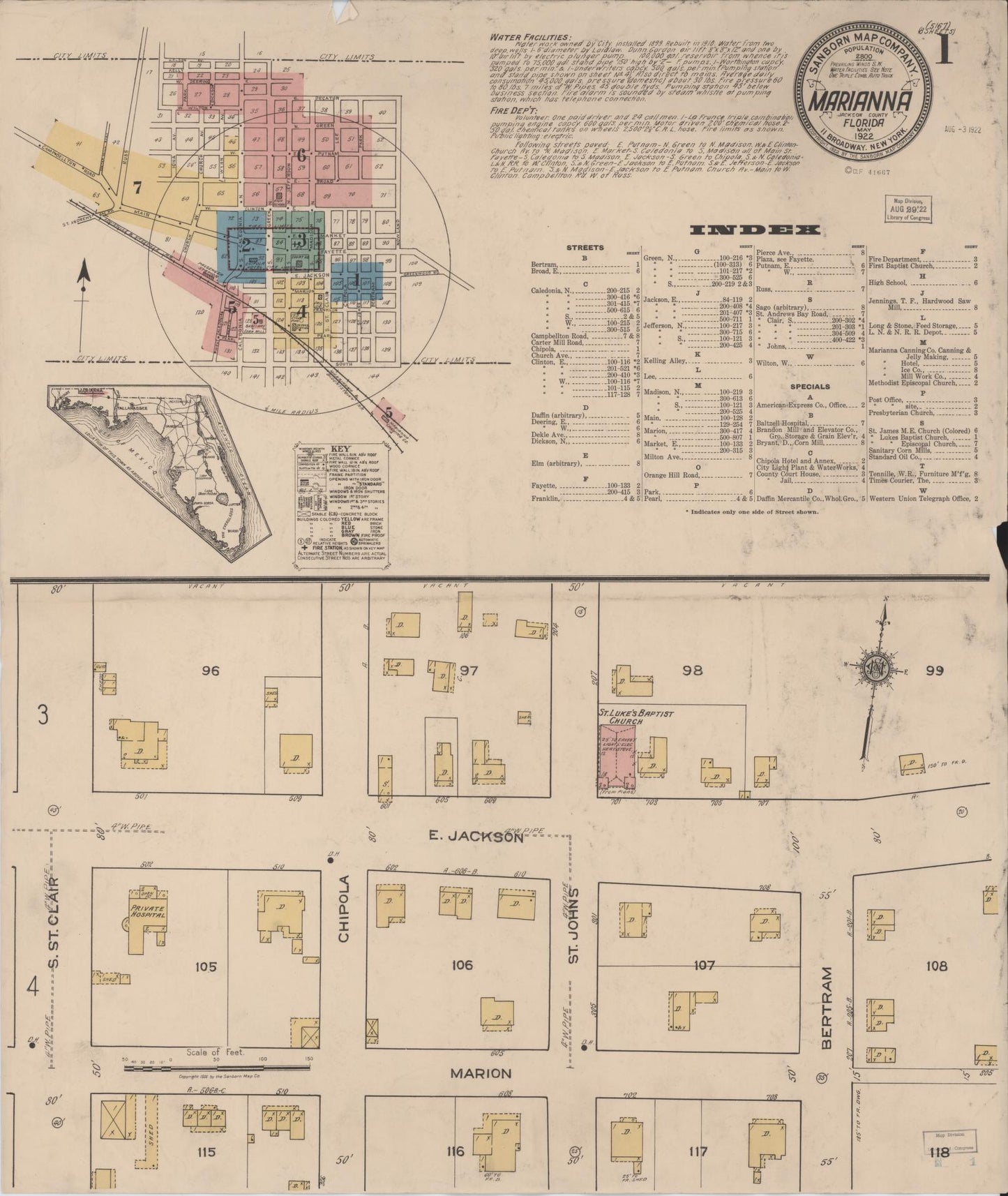 Sanborn Fire Insurance Map from Marianna, Jackson County, Florida (1922), Sheet #0001 - Complete Map Set gallery image, historic Sanborn map, vintage wall art, Florida Florida