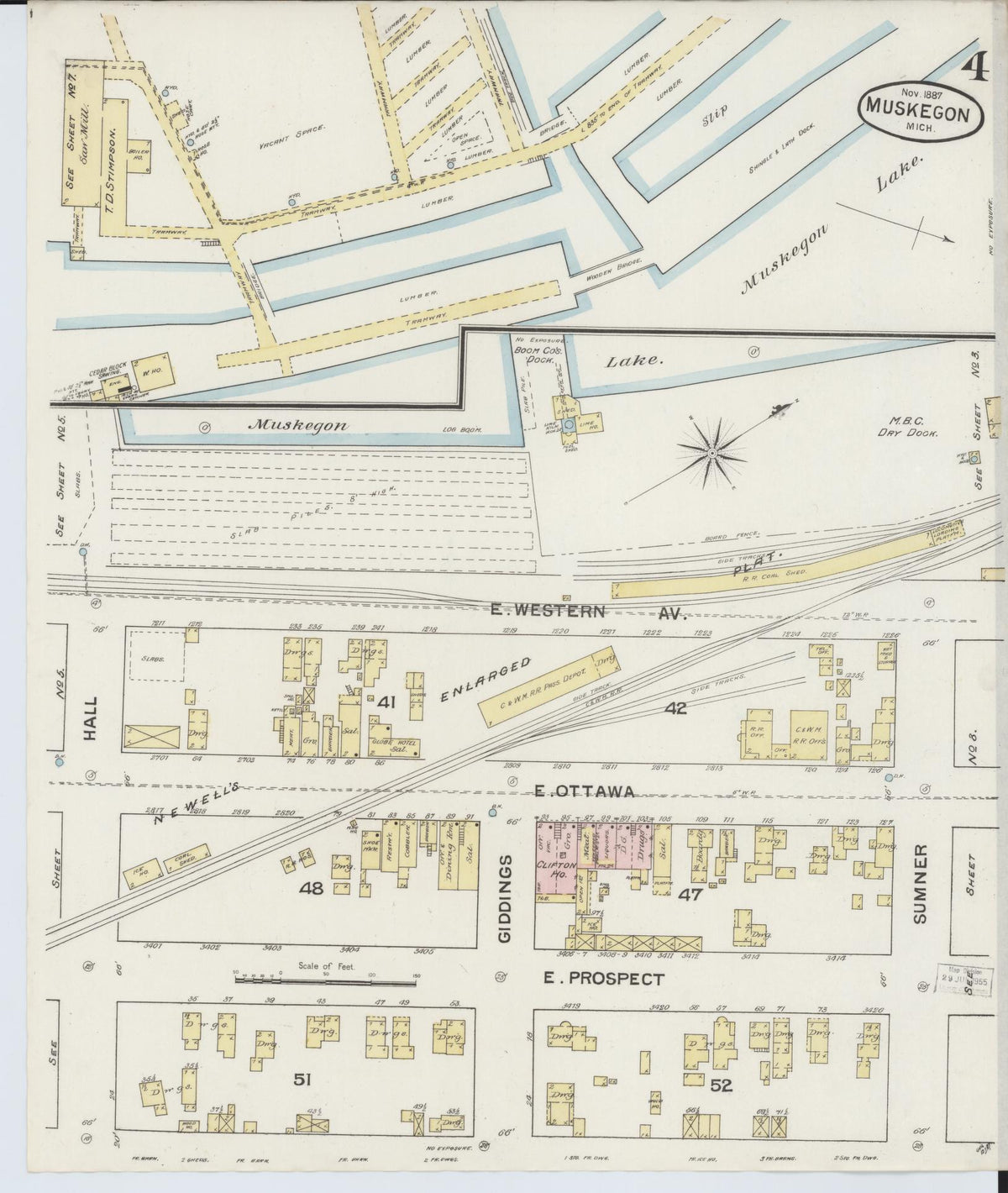 Sanborn Fire Insurance Map from Muskegon, Muskegon County, Michigan (1887), Sheet #0004 - Historic Sanborn Fire Insurance Map Print, vintage old map wall art, antique decor, genealogy gift, Michigan Michigan map