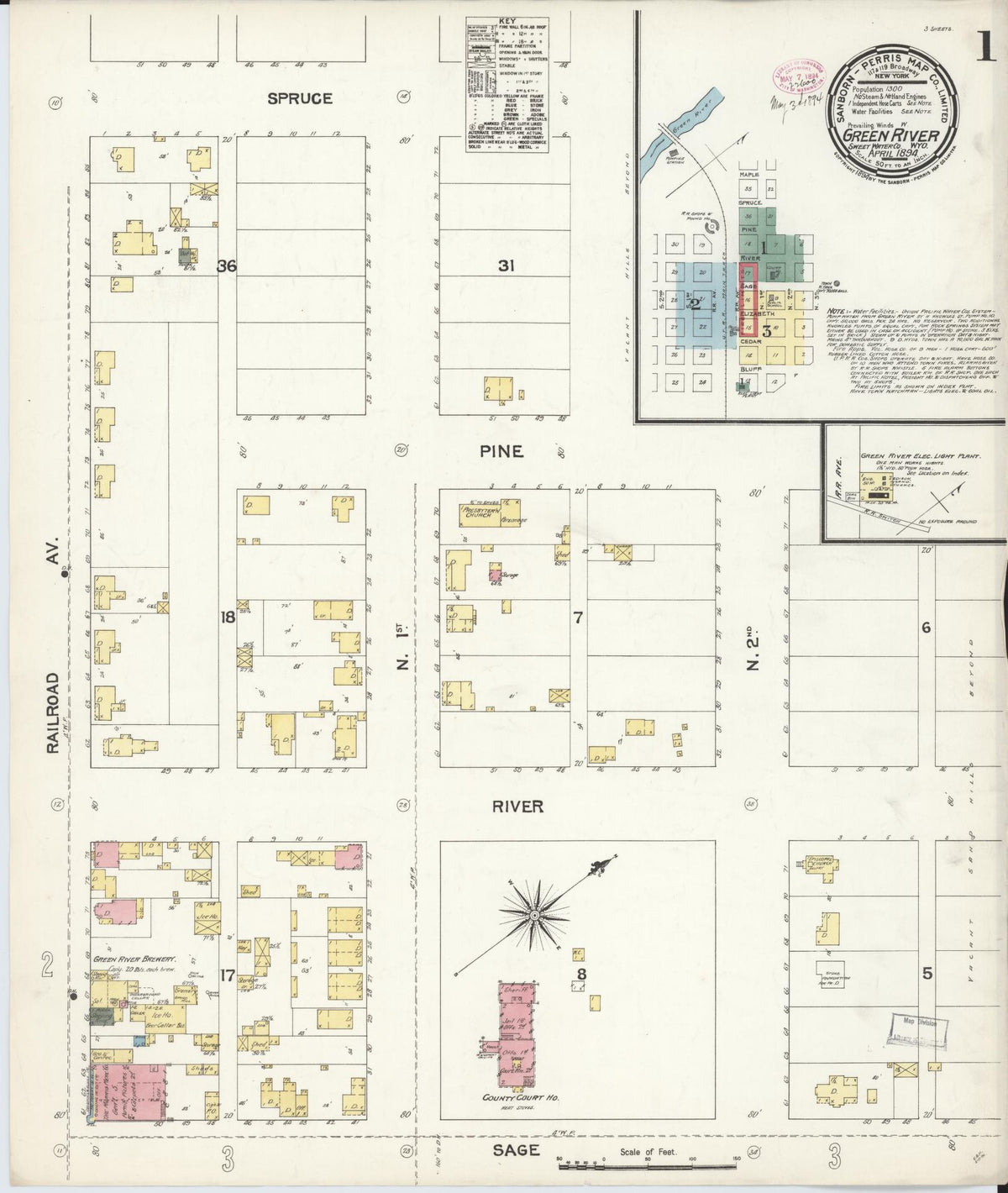 Sanborn Fire Insurance Map from Green River, Sweetwater County, Wyoming (1894), Sheet #0001 - Historic Sanborn Fire Insurance Map Print, vintage old map wall art, antique decor, genealogy gift, Wyoming Wyoming map