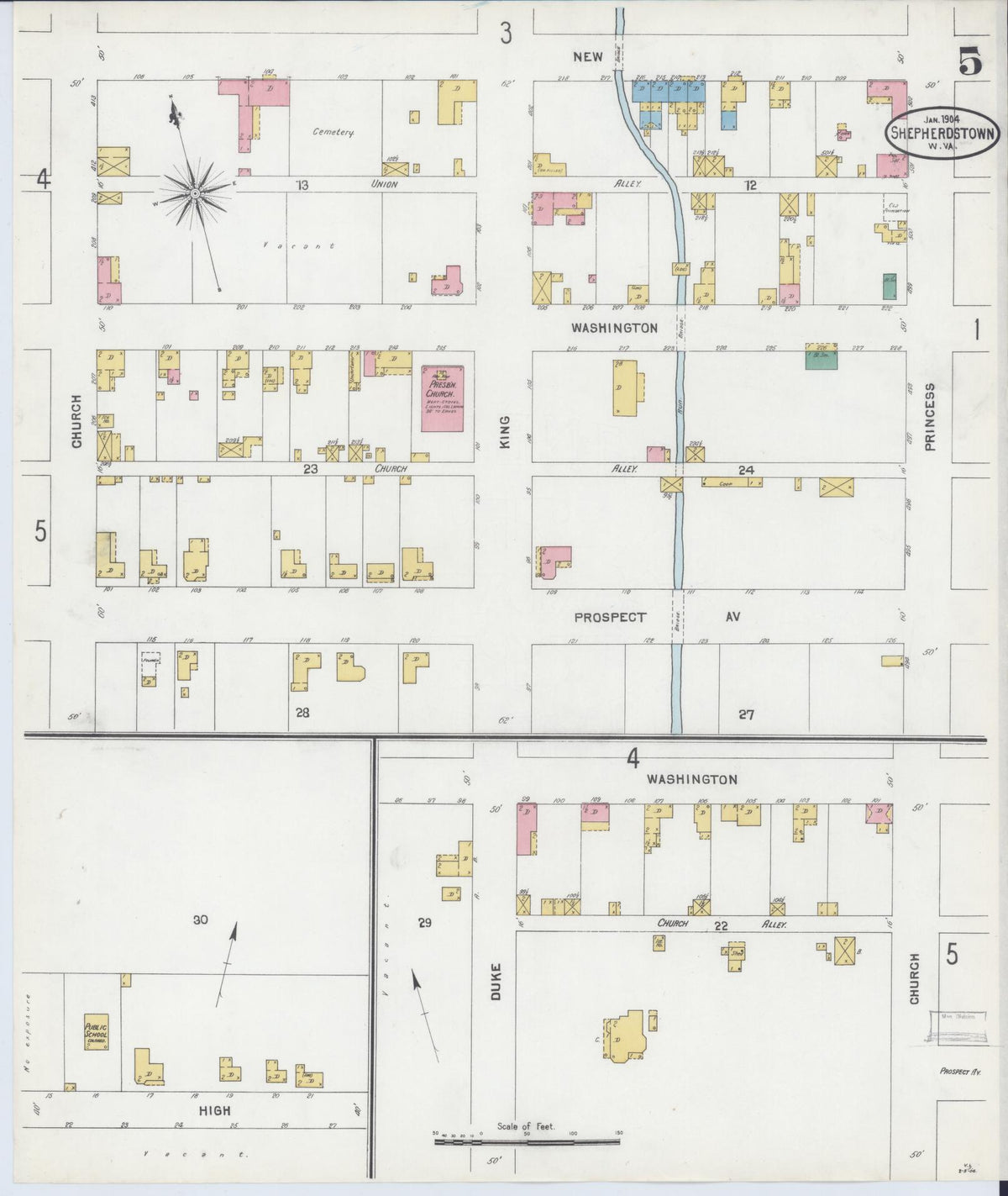 Sanborn Fire Insurance Map from Shepherdstown, Jefferson County, West Virginia (1904), Sheet #0005 - Complete Map Set gallery image, historic Sanborn map, vintage wall art, West Virginia West Virginia