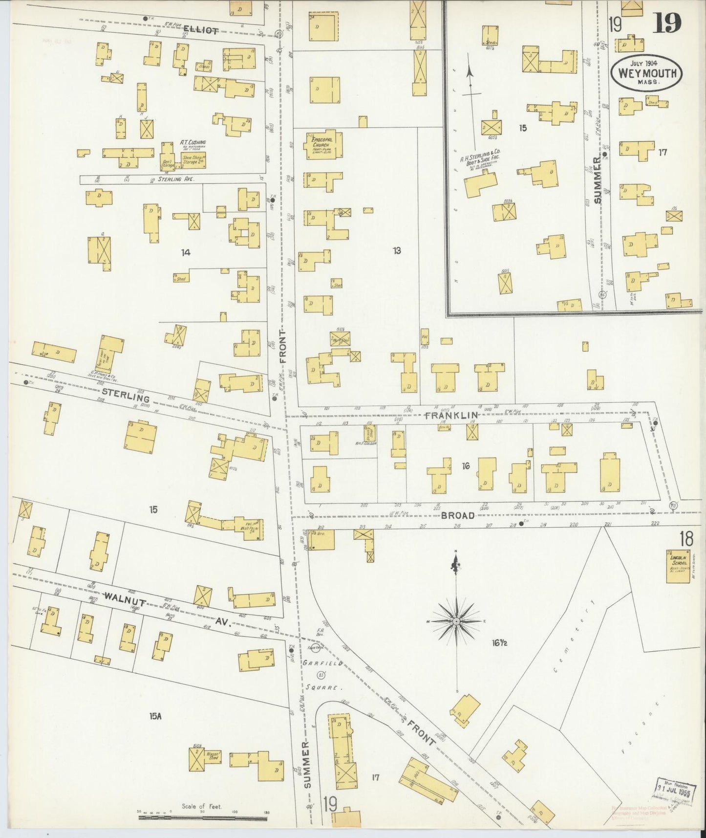 Sanborn Fire Insurance Map from Weymouth, Norfolk County, Massachusetts (1904), Sheet #0019 - Historic Sanborn Fire Insurance Map Print, vintage old map wall art, antique decor, genealogy gift, Massachusetts Massachusetts map
