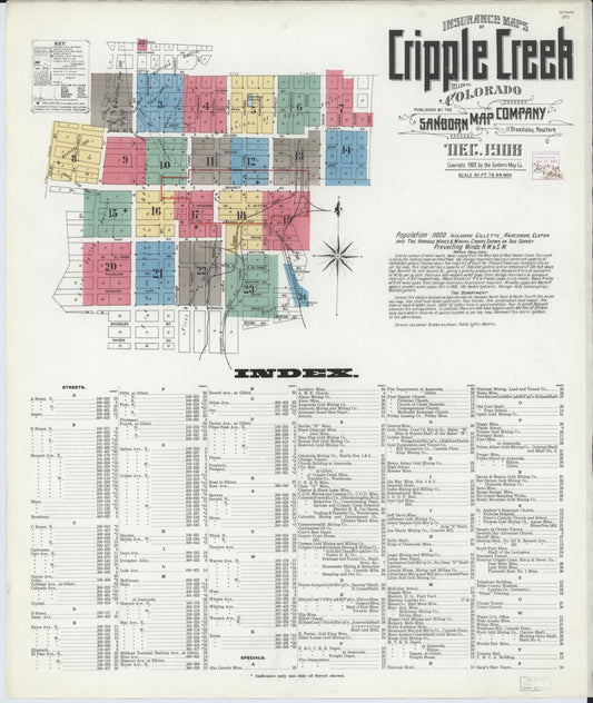 Sanborn Fire Insurance Map from Cripple Creek, Teller County, Colorado (1908), Sheet #0001 - Complete Map Set gallery image, historic Sanborn map, vintage wall art, Colorado Colorado