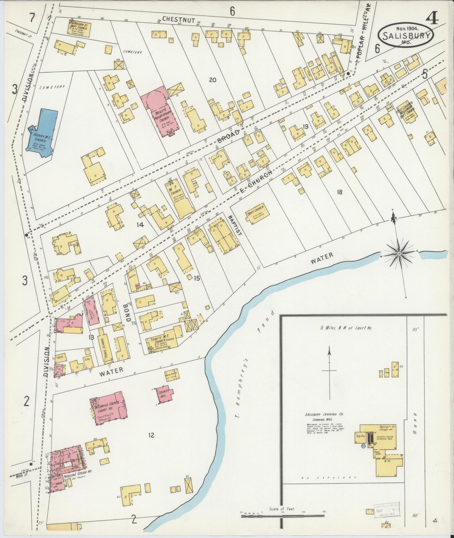 Sanborn Fire Insurance Map from Salisbury, Wicomico County, Maryland (1904), Sheet #0004 - Historic Sanborn Fire Insurance Map Print, vintage old map wall art, antique decor, genealogy gift, Maryland Maryland map