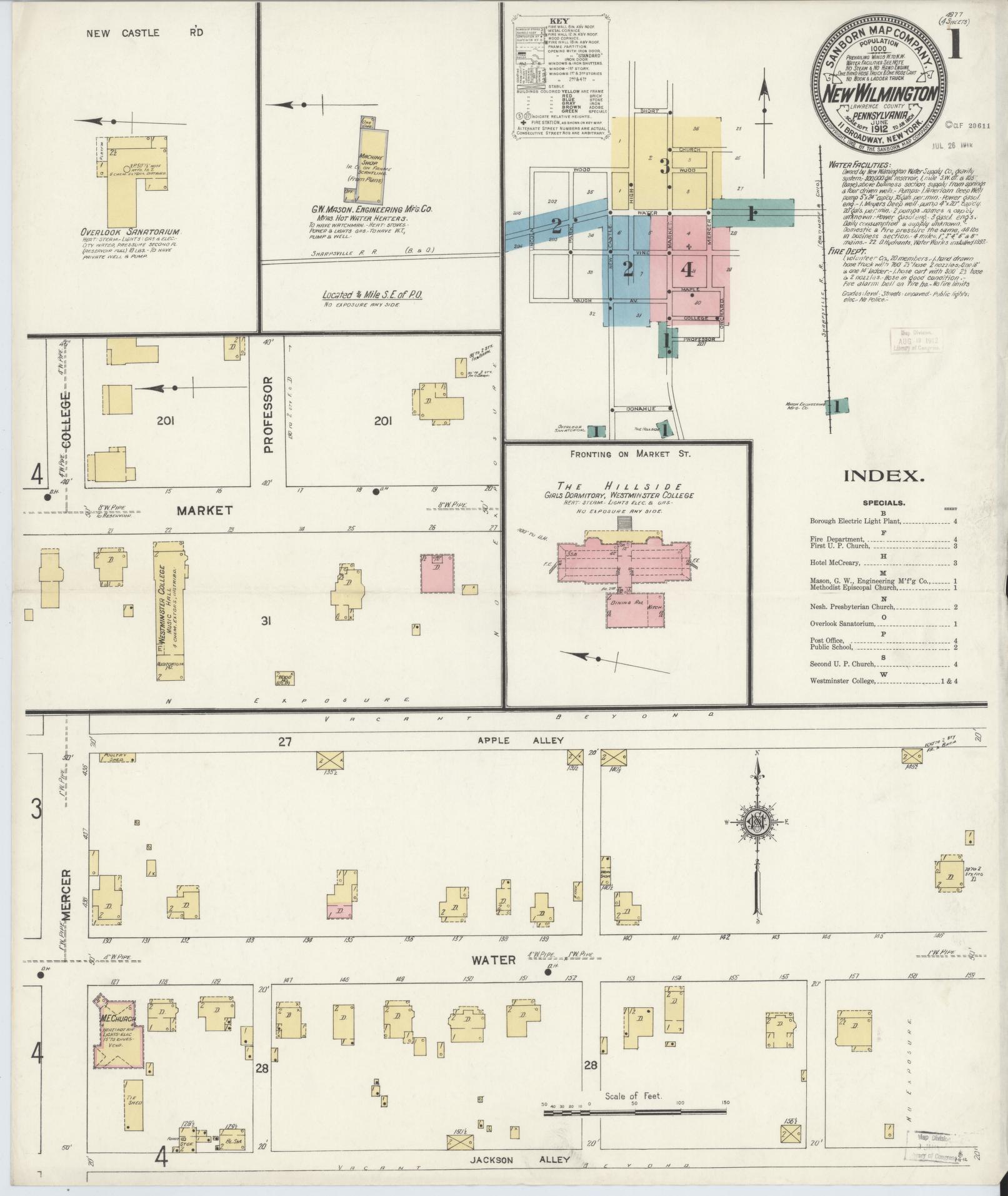 Sanborn Fire Insurance Map from New Wilmington, Lawrence County, Pennsylvania (1912), Sheet #0001 - Complete Map Set gallery image, historic Sanborn map, vintage wall art, Pennsylvania Pennsylvania