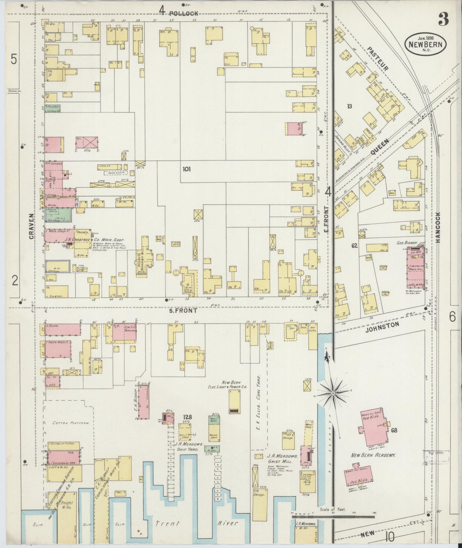 Sanborn Fire Insurance Map from New Bern, Craven County, North Carolina (1898), Sheet #0003 - Historic Sanborn Fire Insurance Map Print, vintage old map wall art, antique decor, genealogy gift, North Carolina North Carolina map